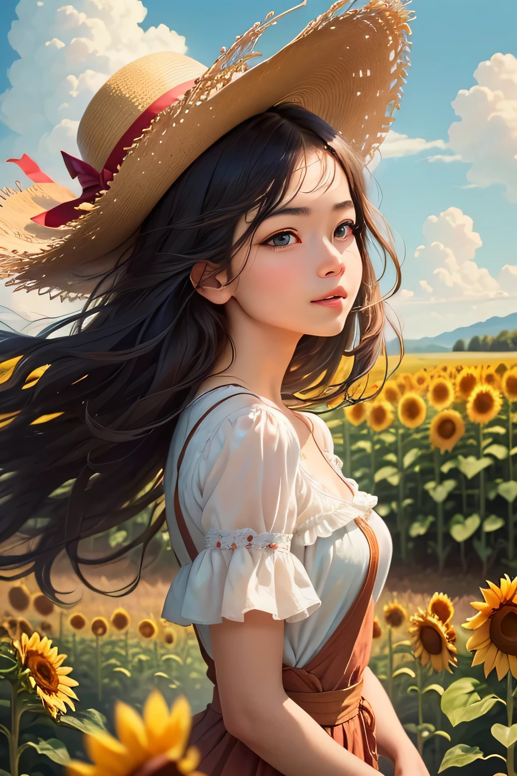 ((best quality)), ((masterpiece)), (detailed), perfect face"Create an image of a girl standing in a field of sunflowers, with her hair floating gracefully in the breeze. She is wearing a straw hat and has the appearance of a village girl, adding a touch of rustic charm to the scene. The background should feature vibrant sunflowers, golden hues of the field, and a clear sky adorned with cool, fluffy clouds. The girl's expression should reflect joy and serenity, with her hair gently lifted by the wind, adding a sense of motion and freedom to the picturesque, natural setting."