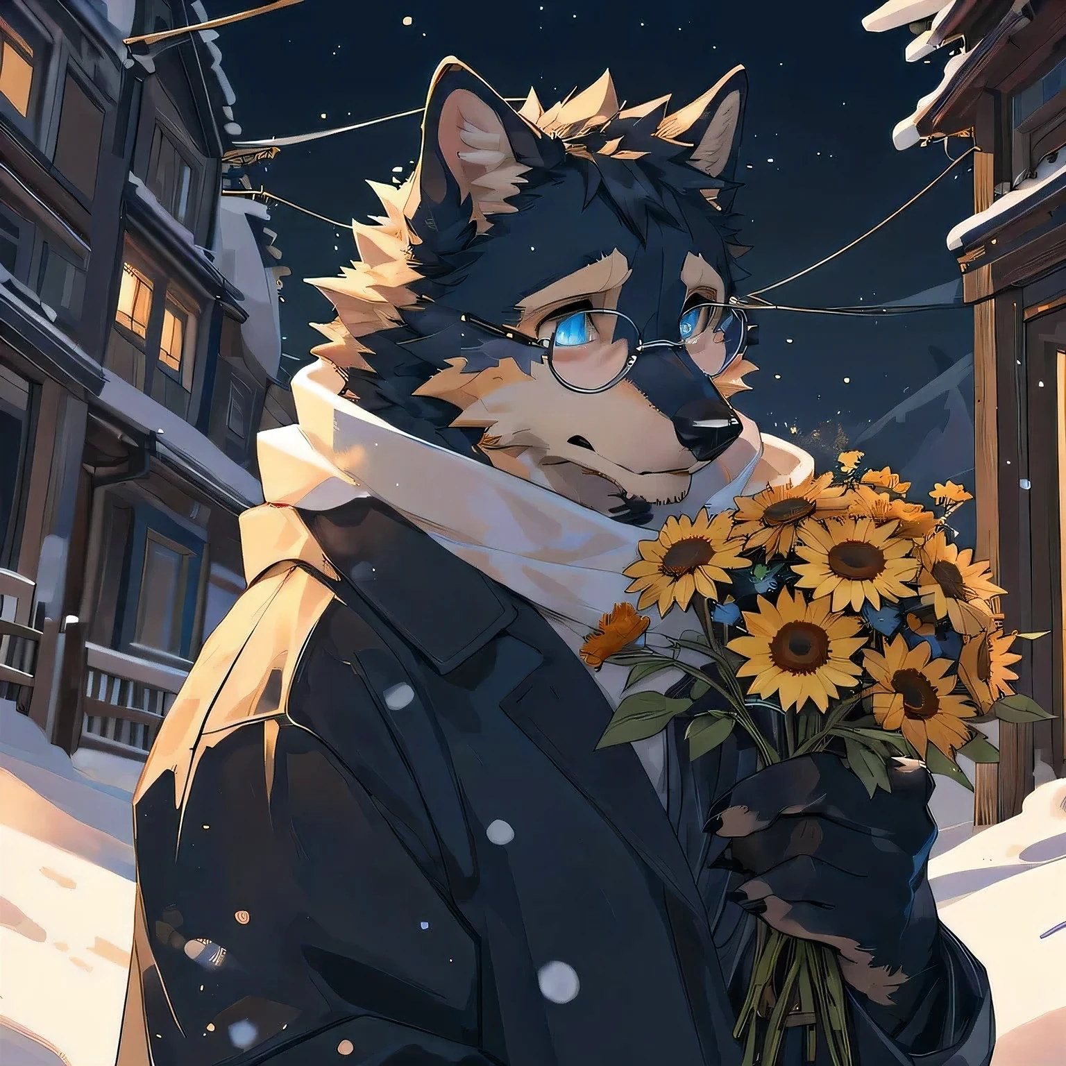 masterpiece,high quality,hairy,male,dog,Black fur,Perfect anatomical structure,Bright Eyes,Silver-toned round-rimmed glasses,Shy,White scarf,Catching light,Perfect background,In the snow,By Qingshan,Close-up face,Light blue pupils,Black trench coat,night,Delicate face,Holding a bouquet of sunflowers