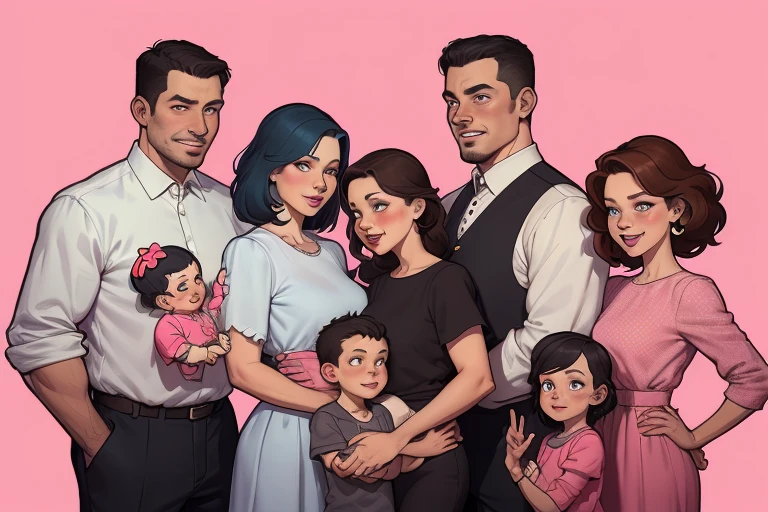 illustration of a family of five standing together in front of a pink background, family portrait, retrato de uma gangue rosa, rotoscopia, retrato nft, em estilo cartoon, official Admirador de arte, family photo, barong family, caricatura, Admirador de arte, digital illustration, happy family, stylized digital illustration, family, drawn in the style of Mark Arian using the rule of 3 in measurements Cartoon style GTA style digital illustration