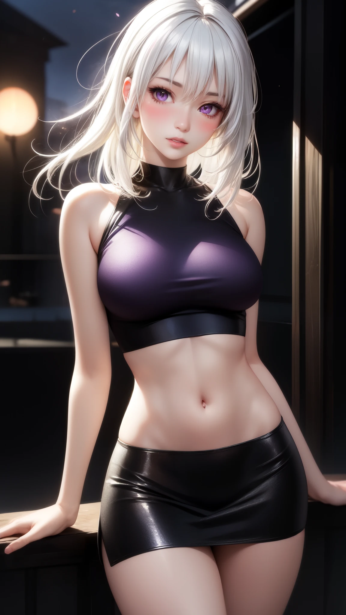 realistic, 1 girl, white hair, purple eyes, glowing eyes, crop top, skirt, parted lips, blush, night, flowers, sun, sunlight.
