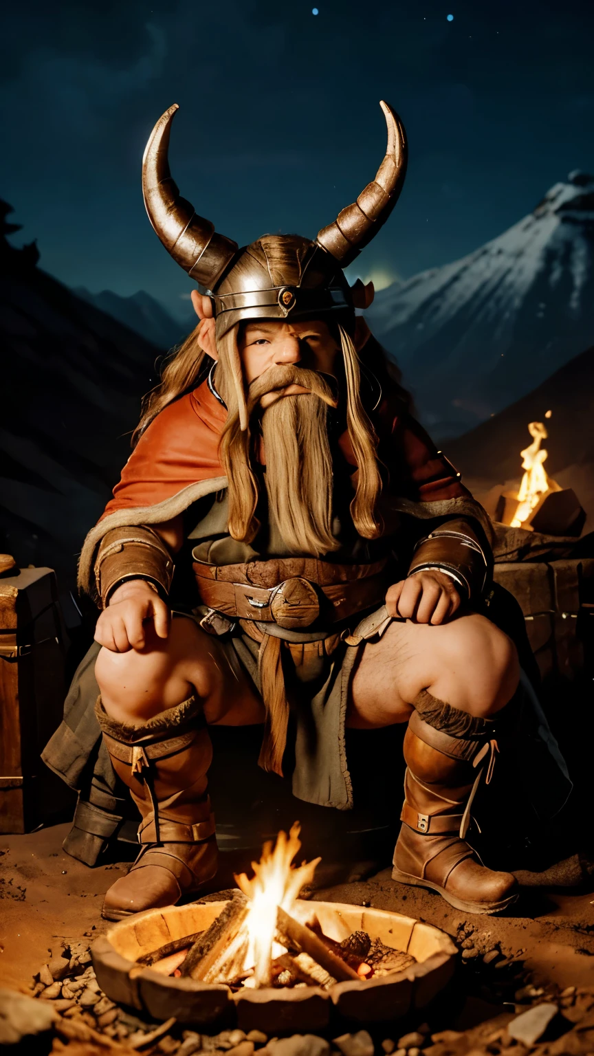 8k, best quality, highres, realistic, real person, ((dwarf:1.5)), A hyper-realistic movie photograph of a Viking warrior. The character has long, blonde hair and a long beard. He is wearing a metal helmet with horns and metal armor. The warrior has a serious expression and is seated by a campfire. The background is dark and features the flickering light of the fire, creating a dramatic and intense atmosphere,A hyper-realistic movie photograph of a Viking warrior. The character has long, blonde hair and ((Long beard down to his waist)), (Red cape), He is wearing a detailed ((metal full helmet with two large curved horns)) The helmet is silver and covers the entire head, with eye openings that provide protection to the eyes. The warrior has a serious expression and is seated by a campfire. The background is dark and features the flickering light of the fire, creating a dramatic and i,His cheeks are also covered with a beard.