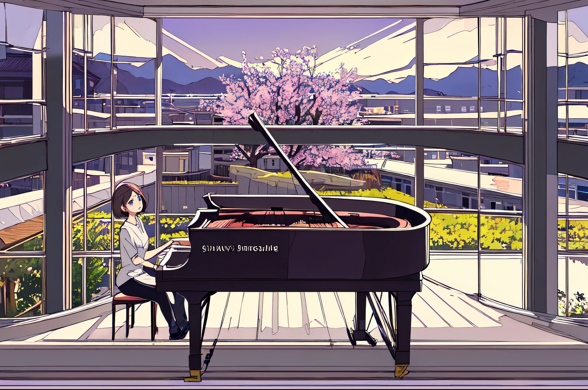 Look up、Brown Hair、Purple-blue eyes、Shining Eyes、Grand piano、Windblown short bob、Perfect composition、8k、Playing the piano、live、