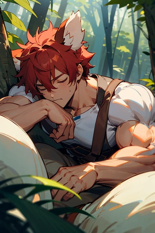 A anime grown and muscular MAN with red panda ears taking a nap in the middle of a forest