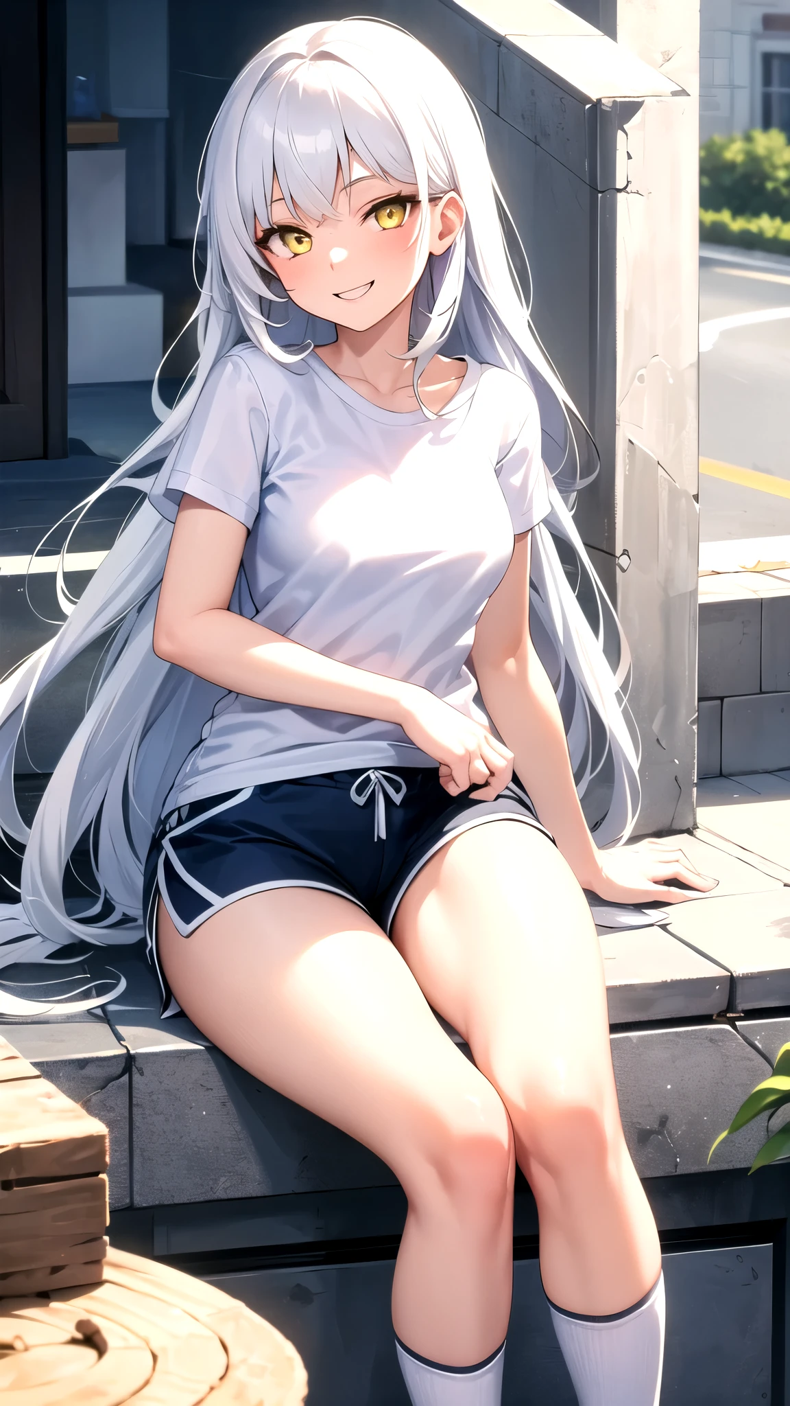 The girl with long white hair and yellow eyes, wearing a white t-shirt and shorts, also wearing long white socks, showed a smiling expression.