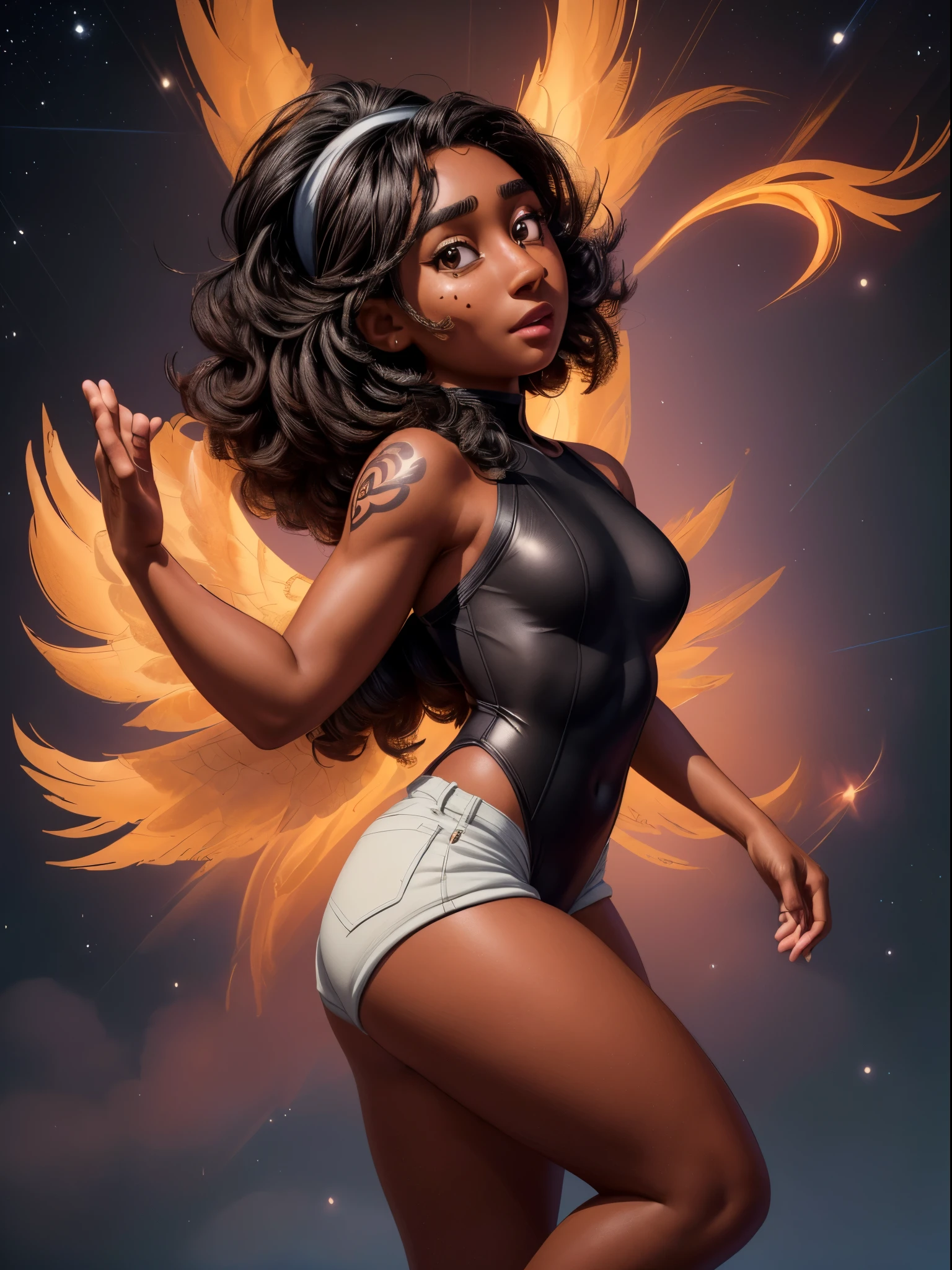 connie maheswaran age 25, ( extremely detailed CG, Mahagony-skinned female with dark Reddish-brown skin, black eyes, and phoenix back tattoo, wearing a full-body open back leotard, mini shorts with stars on the back pockets and a baret holding her black hair tight dragonbraid. strong , well-built, Perfect hourglass physique, amazing skin, strong oblong-shaped face, narrow convex hooked nose. strong, toned, wide heart hips,, biting lips enticingly, catching your eye, waving you closer to her). +( overlooking a coastal city with hands in her pockets,looking over her shoulder ,playful bottom hit) :+(view from behind, hd illustration, extreme long shot, rendered in Unreal Engine 5, hyper-realistic, , 128k, ultra - HD, intricate detail, super - res, webcomic animation, ink art, full-length portrait, wide-body shot, alluring aura and stare , ink art,Black ink,tattoo design outline, Lineart, brush art ,thin line animation, ultra-HD masterpiece, highest quality, highly detailed facial expressions,realistic expression, perfect piece, perfect prompt ,full length, best quality, intricately accurate facial and physical structure, intricately realistic expression and emotion, accurate colored complexion, accurate body anatomy, intricate bodypaint, complex hairstyles, intricate character detail, intricately expressive, intricate color design, complex emotions,)