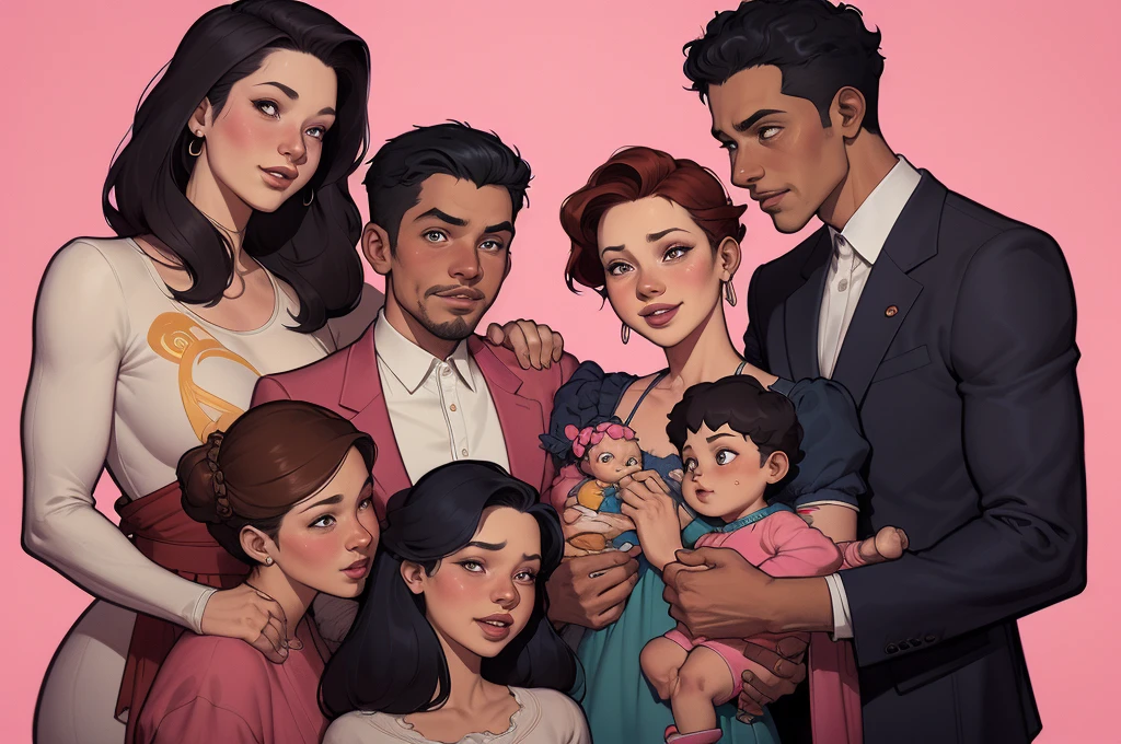 illustration of a family of five standing together in front of a pink background, family portrait, retrato de uma gangue rosa, rotoscopia, retrato nft, em estilo cartoon, official Admirador de arte, family photo, barong family, caricatura, Admirador de arte, digital illustration, happy family, stylized digital illustration, family, desenhado no estilo de Mark Arian usando a regra de 3 nas medidas estilo Cartoon estilo ilustração digital estilo GTAarafed retrato de family with a baby and a doll, retrato de family, inspirado em Art Frahm, Arte da capa dos quadrinhos de Phil Noto, por Mark Arian, por Eddie Mendoza, estilo tom bagshaw, cartoon style illustration, Spy vs. Family, Art style of Tom Bagshaw, phil noto arte em quadrinhos, JC Leendecker e Sachin Teng, fanart detalhada, arte promocional