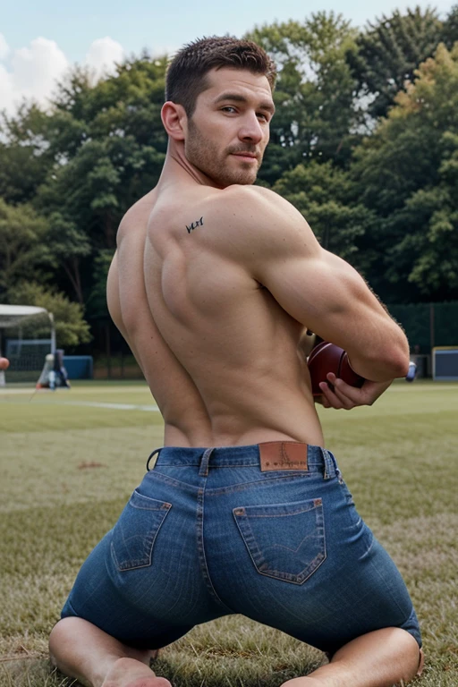 Draw a full-fledged athlete,37 years old, Stand on the central field of the gym,full body, He wears jeans,The man looks confident and determined,rays of sunshine,cheerful big breasts,Handsome,Crew cut,full bodyesbian , (((shirtless))), ((big butt)) ((backside)) bent over crouched