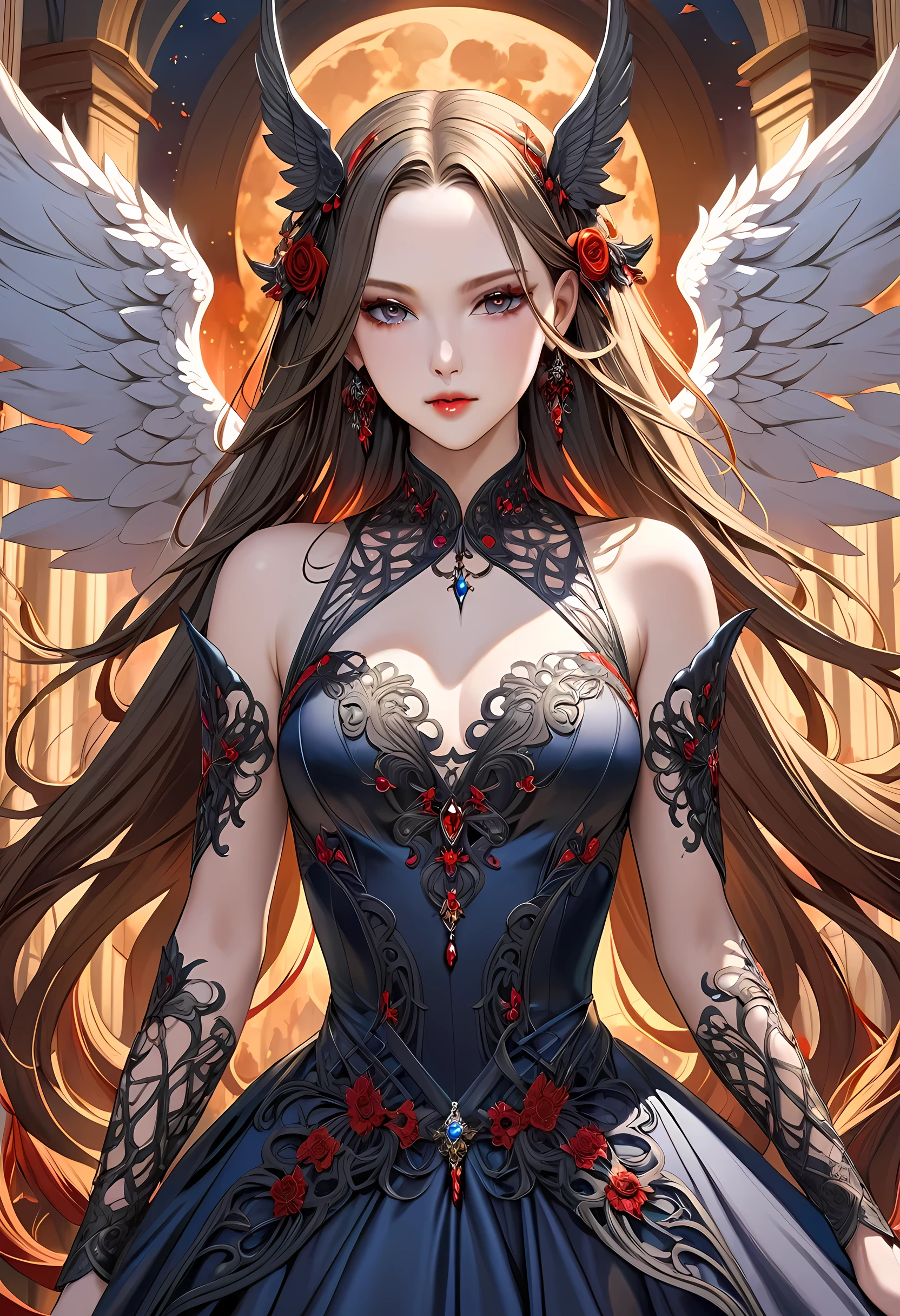 fantasy art, RPG art a picture of ((2 women)), BREAK a female angel (Masterpiece, intricate details: 1.3), wearing dress, pale skin, best details beautiful face  (Masterpiece, intricate details: 1.3), blond hair, long hair wavy hair (Masterpiece, intricate details: 1.3), blue eyes, high heeled boots, wearing a dress  (Masterpiece, intricate details: 1.3), large angelic wings, white angelic wings spread BREAK ((AND))  a female demon (Masterpiece, intricate details: 1.3), demon, red skin (Masterpiece, intricate details: 1.3), demonic wings, black demonic wings spread, demonic horns(Masterpiece, intricate details: 1.3), red skin ((Masterpiece, intricate details: 1.3), black hair, red eyes, best details beautiful face ((Masterpiece, intricate details: 1.3), wearing a dress (Masterpiece, intricate details: 1.3), high heels, in the border between heaven and hell, moon, stars, clouds, god rays, soft natural light silhouette, dynamic angle,  photorealism, panoramic view (Masterpiece 1.3, intense details) , Wide-Angle, Ultra-Wide