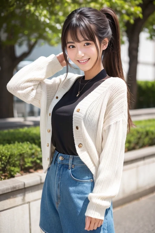 Produce the highest quality and highest resolution 8K images。The model is a 20-year-old Japanese woman.。The image depicts her posing and smiling for the camera.。She has brown eyes and a model figure.、She has an idol-level cute face.。The hair is in a ponytail。Skin has a healthy color。Clothes、6Dressed for the month。
