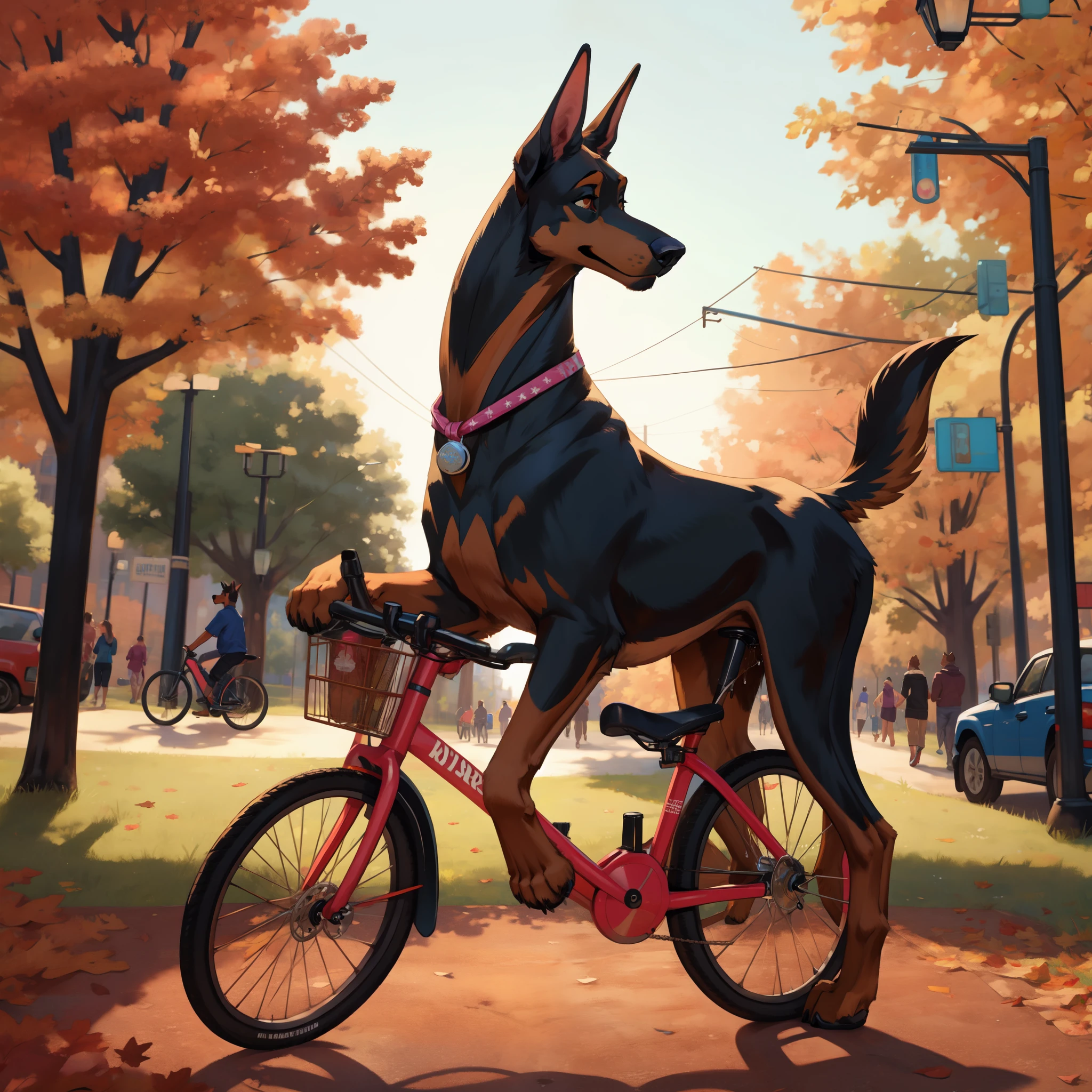 Feral dog, female, doberman, canine pussy, pussy juice, riding on a bicycle, in the park, in public, everyone watching
