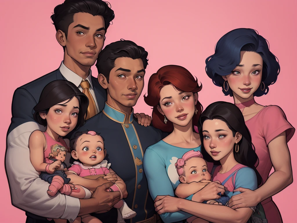 illustration of a family of five standing together in front of a pink background, family portrait, retrato de uma gangue rosa, rotoscopia, retrato nft, em estilo cartoon, official Admirador de arte, family photo, barong family, caricatura, Admirador de arte, digital illustration, happy family, stylized digital illustration, family, desenhado no estilo de Mark Arian usando a regra de 3 nas medidas estilo Cartoon estilo ilustração digital estilo GTAarafed retrato de family with a baby and a doll, retrato de family, inspirado em Art Frahm, Arte da capa dos quadrinhos de Phil Noto, por Mark Arian, por Eddie Mendoza, estilo tom bagshaw, cartoon style illustration, Spy vs. Family, Art style of Tom Bagshaw, phil noto arte em quadrinhos, JC Leendecker e Sachin Teng, fanart detalhada, arte promocional
