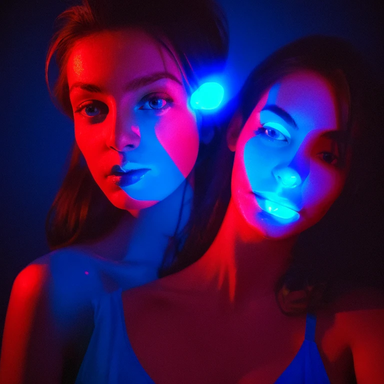 arafed image of a woman with a man's face in the background, glowing face, blue and red lighting, glowing blue face, red and blue lighting, red and blue back light, blue and red lights, red and blue neon, blue and red tones, light falling on face, face illuminated, glowing lens flare wraith girl, official artwork