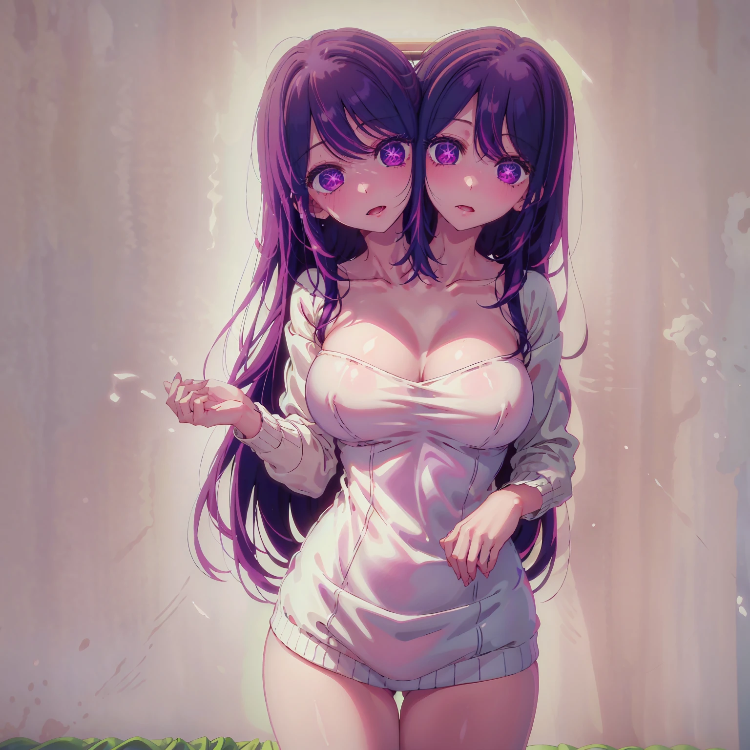 Create an intense, evocative portrait in the Japanese retro anime style of the 80s and 90s. The scene features a woman bathed in deep purple light, black and purple hair colors, leaning against a wall with her arms raised, eyes closed in a moment of sensual emotion. Her attire is minimal, accentuating the curves of her body and the dramatic shadows cast by the lighting. The background is stark, with sharp contrasts highlighting the contours of her form. The purple and black palette intensifies the mood, evoking a sense of mystery and allure. Subtle film grain and meticulous shading add depth and texture, emphasizing the emotional gravity of the scene. The lighting creates a chiaroscuro effect, accentuating her expressive pose and the intense atmosphere. good quality eyes, purple eyes, ultra detailed, beautiful and aesthetically pleasing, masterpiece, 4k, ray tracing, medium body, close-up, , particles and hard neon sparkles, focus on purple and black color