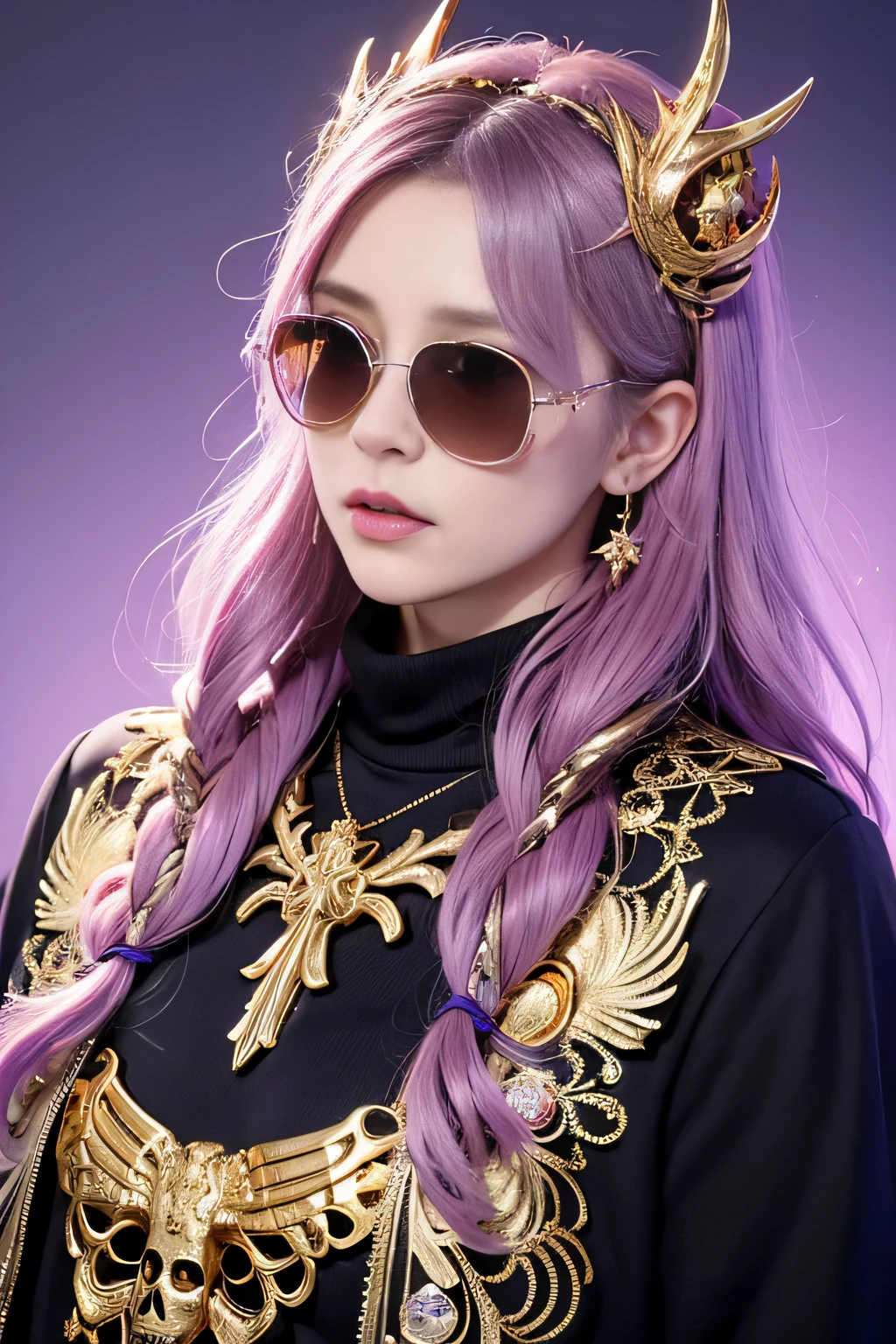 Big fairy(((Reflective sunglasses with thick gold trim)))Reflective sunglasses with thick gold trim,32K(tmasterpiece,k hd,hyper HD,32K)Purple-pink flowing hair,Gold skull jewelry area in the back room,Skeleton King ,Rusty copper dragon skull protector (The skeleton is realistic:1.4),Skull pattern robe,Purple-pink skull headdress,Snowflakes fluttering,The background is pure,Hold your head high,Be proud,The nostrils look at people, A high resolution, the detail, RAW photogr, Sharp Re, Nikon D850 Film Stock Photo by Jefferies Lee 4 Kodak Portra 400 Camera F1.6 shots, Rich colors, ultra-realistic vivid textures, Dramatic lighting, Unreal Engine Art Station Trend, cinestir 800,Hold your head high,Be proud,The nostrils look at people,Tsundere,Snowflakes fluttering,Snowflakes fluttering,Snowflakes fluttering,Snowflakes fluttering,Impeccable,( reasonable design, Clear lines, High sharpness,Best quality, Very detailed skeleton, The skeleton of a masterpiece, offcial art, movie light effect, 4K skeleton(((Reflective sunglasses with thick gold trim)))Reflective sunglasses with thick gold trim