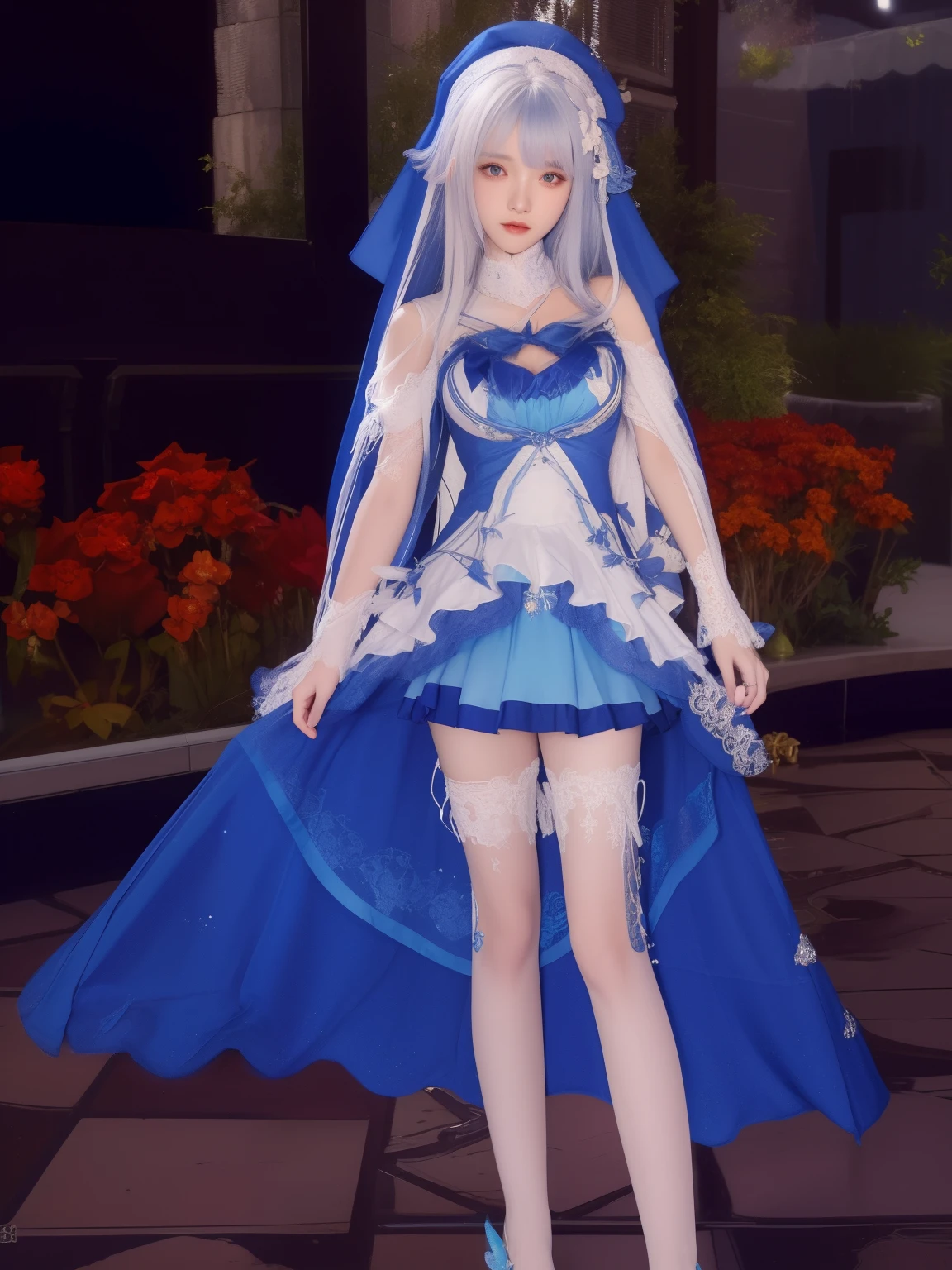 uma mulher com um vestido azul e meias brancas parada em uma passarela de pedra, traje com detalhes em azul, roupas de bruxa astral, waifu de anime fofo em um lindo vestido, do videogame azur lane, meu vestido querido anime, traje com tema lunar, roupa de fantasia, estilo azur lane, vestindo roupas formais de fantasia, cotton cloud wizard robes, de vestido, capa azul