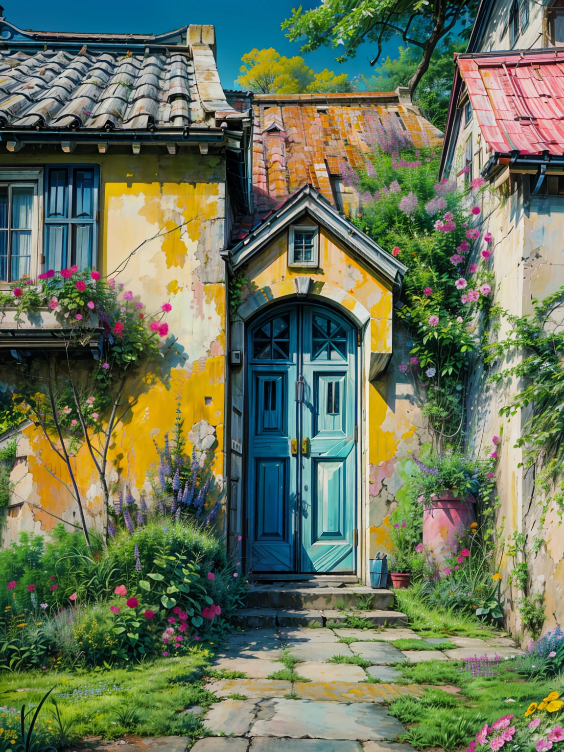 a yellow building with a blue door and pink flowers, pink door, flowery cottage, blue door, dreamy colors, colorful house, greece, beautiful color composition, mediterranean architecture, lush flowery outdoors, vibrant pastel color palette, fantasy italy, bougainvillea, colorful architecture, vibrant uplifting color scheme, southern european scenery, lush chic garden, beatiful house, 4k hd,, beautiful art uhd 4 k, a beautiful artwork illustration, beautiful digital painting, highly detailed digital painting, beautiful digital artwork, detailed painting 4 k, very detailed digital painting, rich picturesque colors, gorgeous digital painting