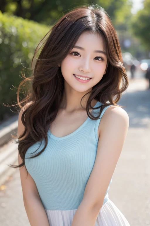 Produce the highest quality and highest resolution 8K images。The model is a 20-year-old Japanese woman.。The image depicts her posing and smiling for the camera.。She has brown eyes and a model figure.、She has an idol-level cute face.。The hair is curly。Skin has a healthy color。Clothes、6Dressed for the month。