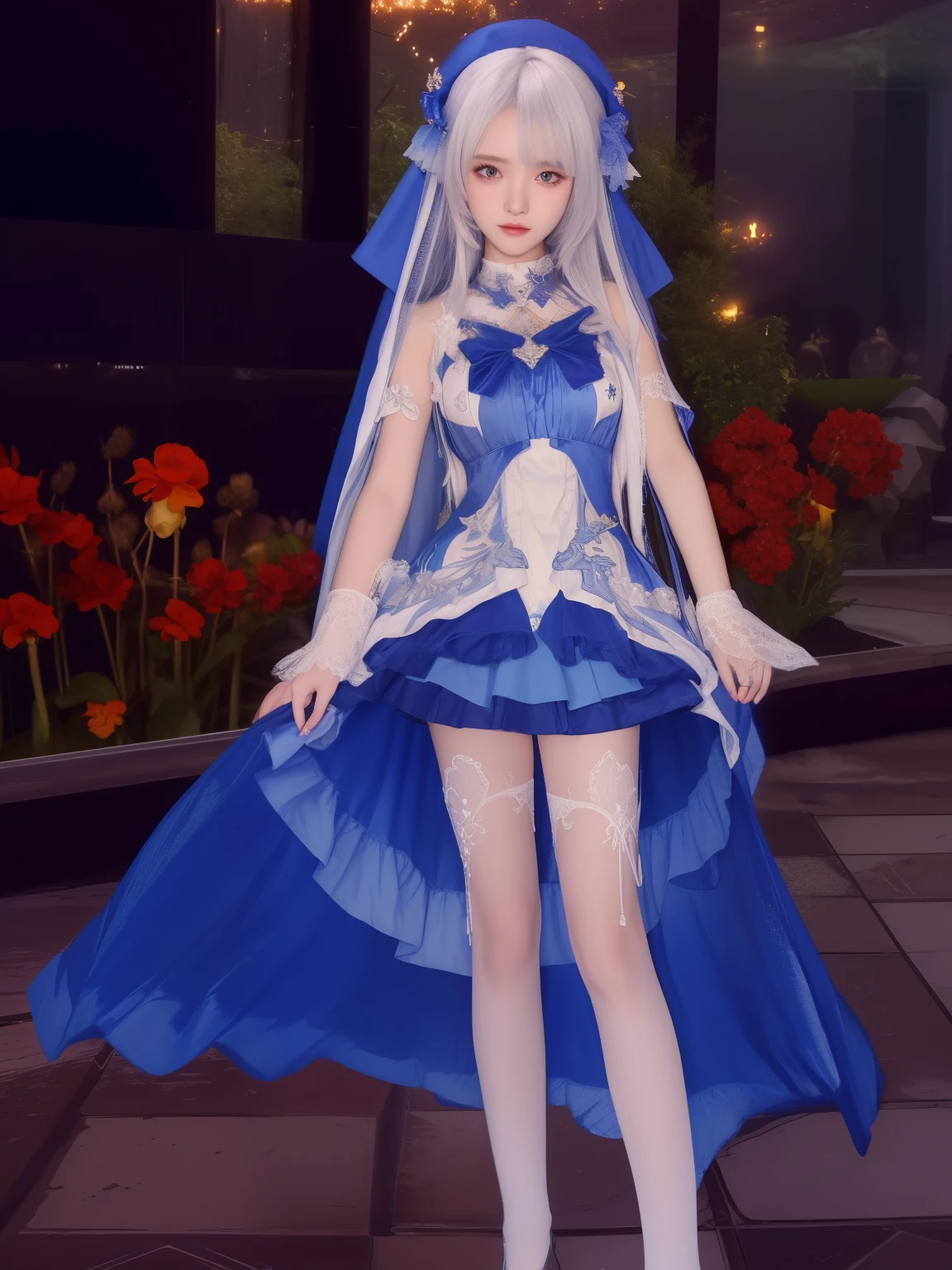 uma mulher com um vestido azul e meias brancas parada em uma passarela de pedra, traje com detalhes em azul, roupas de bruxa astral, waifu de anime fofo em um lindo vestido, do videogame azur lane, meu vestido querido anime, traje com tema lunar, roupa de fantasia, estilo azur lane, vestindo roupas formais de fantasia, cotton cloud wizard robes, de vestido, capa azul