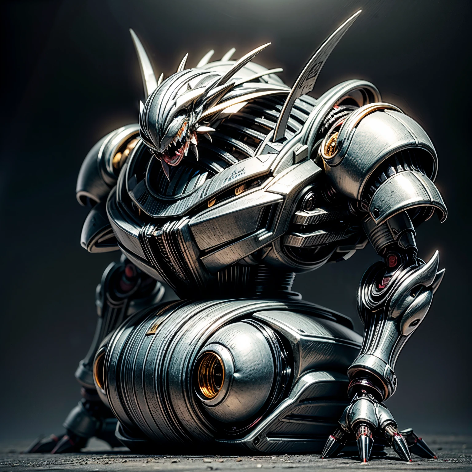 Japanese woman, heavy equipment, Mechanical backpack, very beautiful face, double teeth, fangs, reinforced exoskeleton with insect references, canine teeth, smiling face, silver hair, full body shot, photorealistic, realistic, ultra realistic, ultra detailed, ultimate intricate detail, lighting highlighting machinery, glossy, cave with a suspicious atmosphere