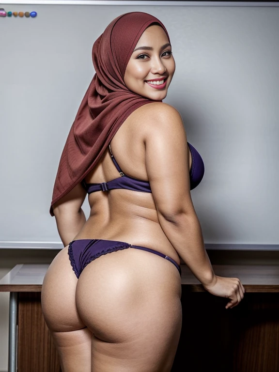 (portrait) (full body photo), A gorgeous matured teacher stand behind white board,((35 year old)), ((malay women)), curvy fit body shape, bigger ass, busty, huge thighs, (wearing daring micro bikini stockings), ((hijab)), flirt smile on camera, school classroom, back view, pov, solo, single, ass pov, (SFW), bare shoulder, skin texture, ultra high res, RAW, instagram LUT, masterpiece, best quality, ultra-detailed, ultra high resolution, RAW, 4k, (looking at viewer), extremely detailed eyes and face, (beautiful detailed nose), (beautiful detailed thigh), (beautiful detailed eyes), perfect body proportion, (looking at the camera), smirk, red lips, (bare belly's),