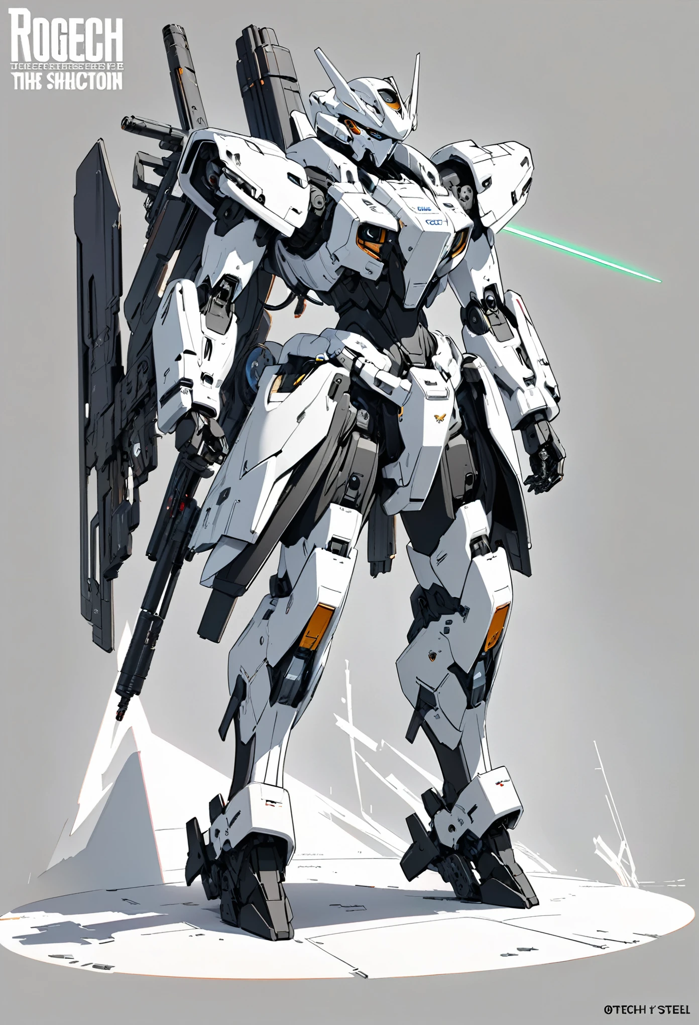 Standing Mecha, Full body front, simple_background, White_background, Reggie Steele, Metal, Montenegro, laser sight, Otech, Science Fiction, Programming, Ghibli, Flat monochrome drawing, The light and shadow are real, Cyberpunk, Futuristic, number艺术, best quality, graphic animation, SFW, Star Region, Science Fiction style, high-tech products, Science Fiction, fantasy, very detailed, number, Artstation Trends, concept art, Clear focus, illustration,  