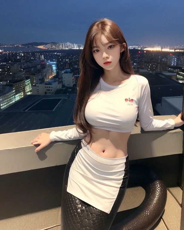 Lamia, ((Midnight, Best quality, 8k, Masterpiece :1.3)), Whole body, Long legs, Sharp focus :1.2, A pretty woman with perfect figure :1.4, Slender abs :1.1, ((Dark brown hair, Big breasts :1.2)), (White tight tshirt, Standing:1.2), ((Night city view, Rooftop:1.3)), Highly detailed face and skin texture, Detailed eyes, Double eyelid, full body, 