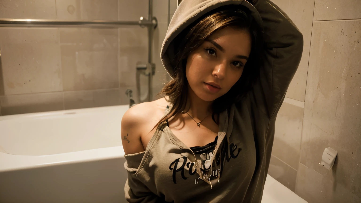 a brunette hip hop hirl, wearing hoodie, flashing , in a toilet, she wears nose piercing