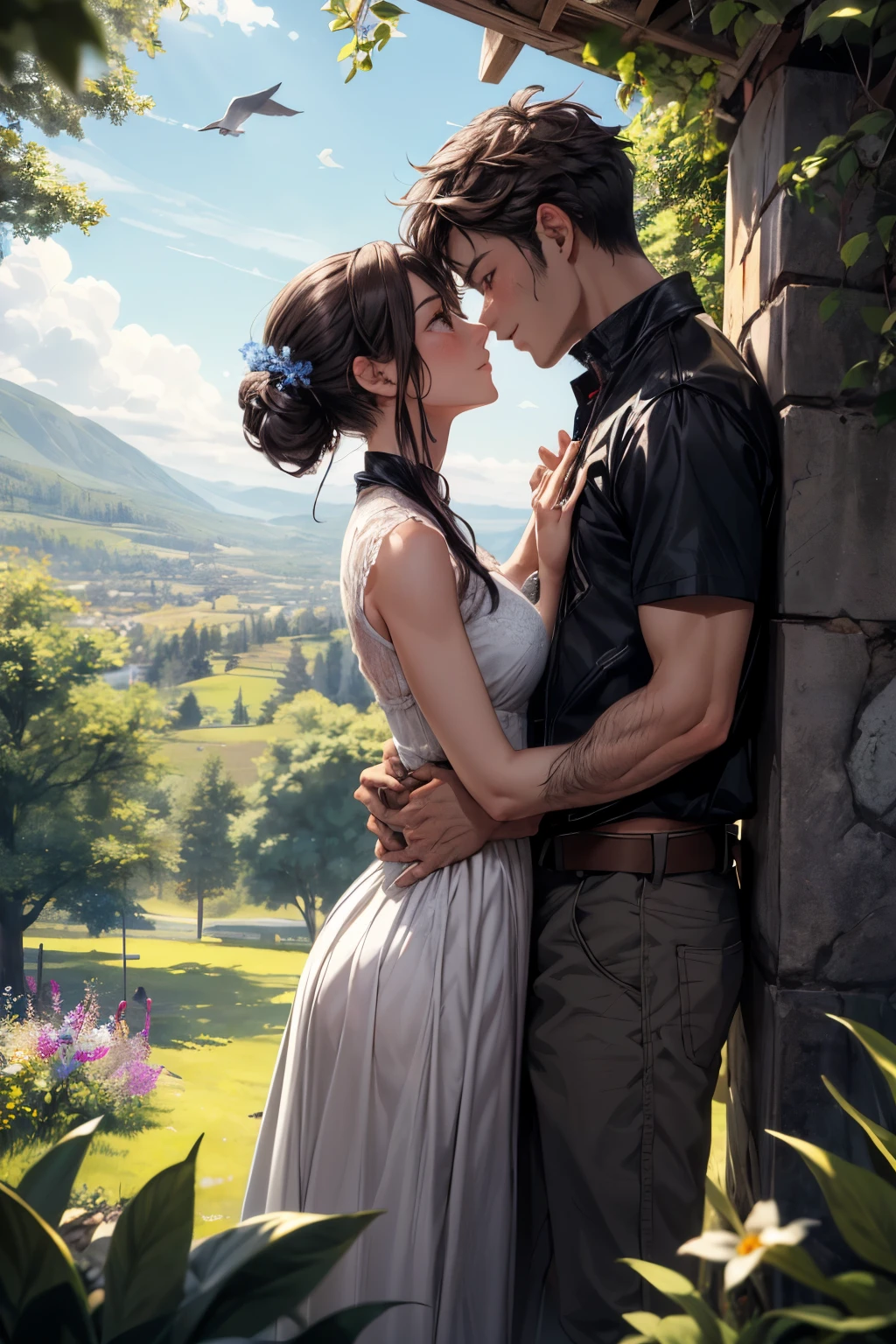 ((best quality)), ((masterpiece)), (detailed),(perfect face),An image depicting a teenage boy and girl standing together in a lush green landscape under a clear blue sky. The boy and girl are close to each other, their arms intertwined or hands gently clasped. They have affectionate expressions, perhaps gazing into each other's eyes or sharing a tender moment. The surrounding nature is vibrant and abundant, with tall trees, colorful flowers, and rolling hills. Birds may be seen flying overhead, and a gentle breeze rustles the leaves, adding to the sense of serenity and romance.