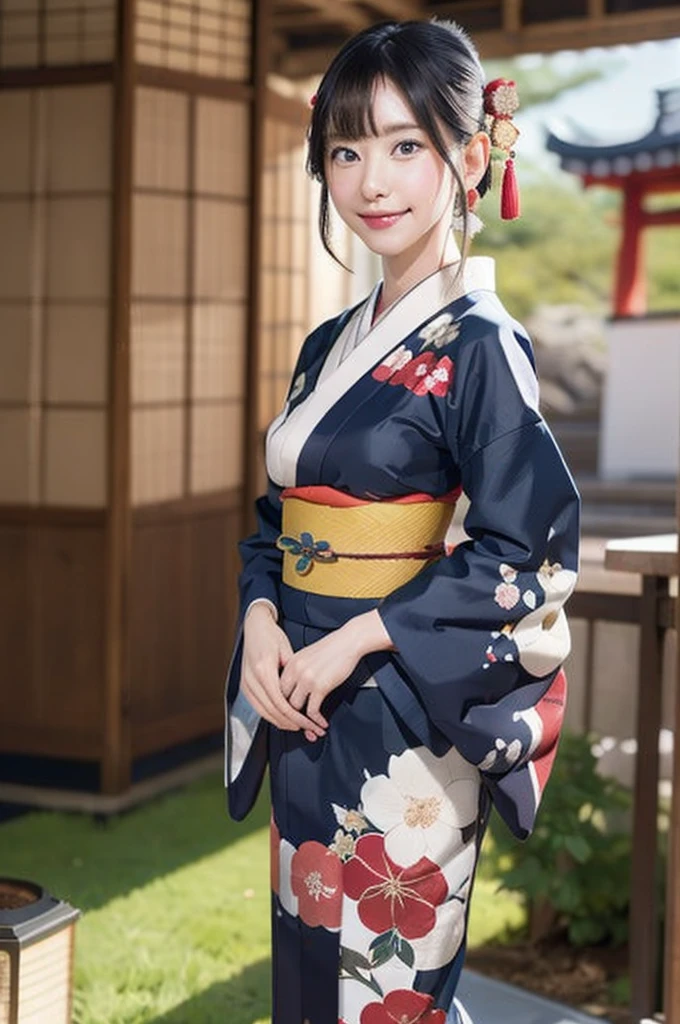 masterpiece,Very detailed,CG,Unity,8k,wallpaper,highest quality,Realistic,photo-Realistic,RAW Photos,artistic,In detail,Award-winning photo,Award-winning photo,Cinema Lighting,Thin dots,beautiful,cute,1 japanese girl,makeup,kimono hair style,courtesan,perfect body,wearing kimono with wide sleeves,hair ornaments,glowing,beautiful scene,shirne temple,garden,daytime,outdoor, depth of field,pov,Seductive posture,saductive smile,cowboy shot,