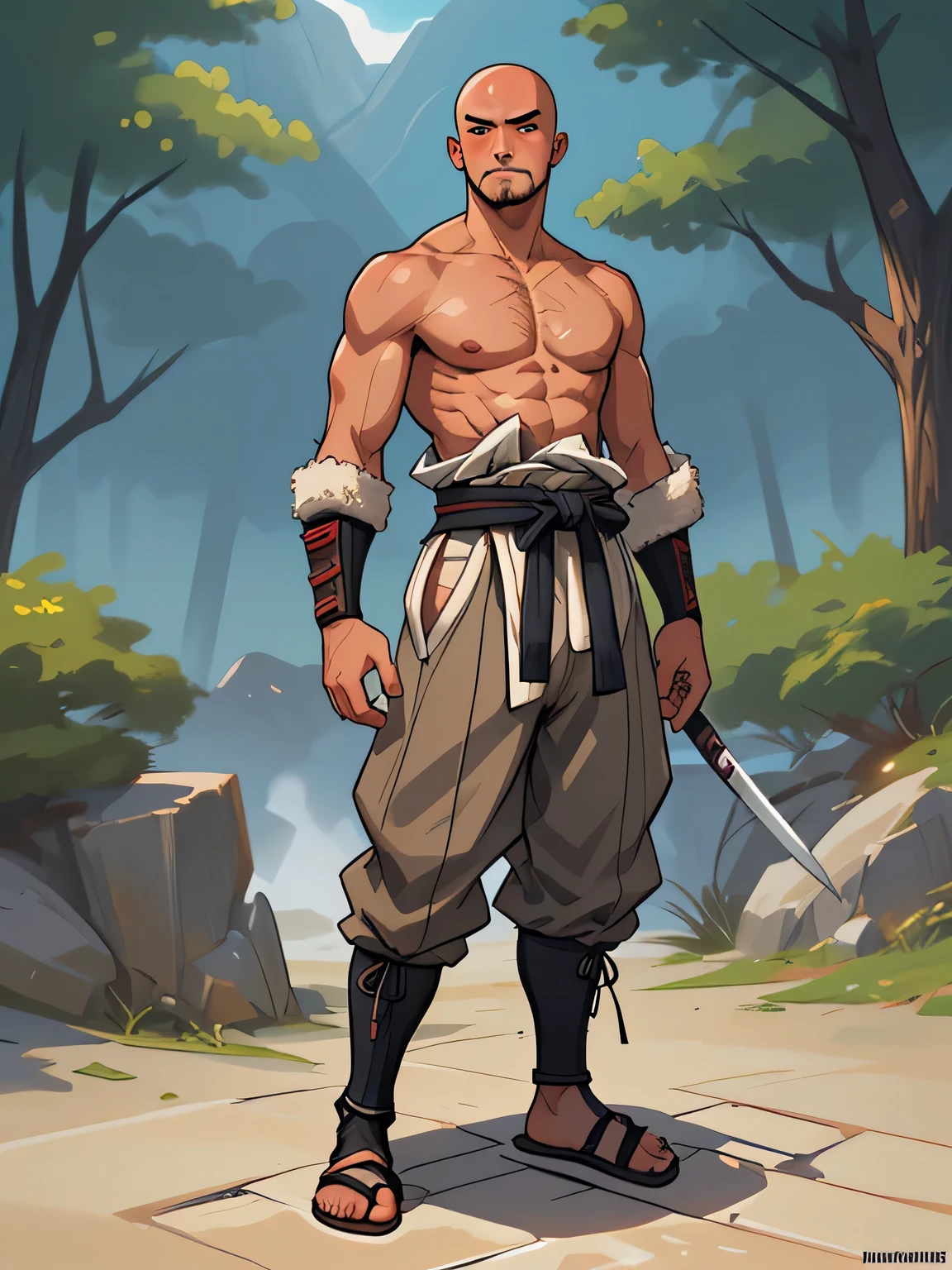 20 year old man, samurai, bald head, rugged features, full body, outside, daytime