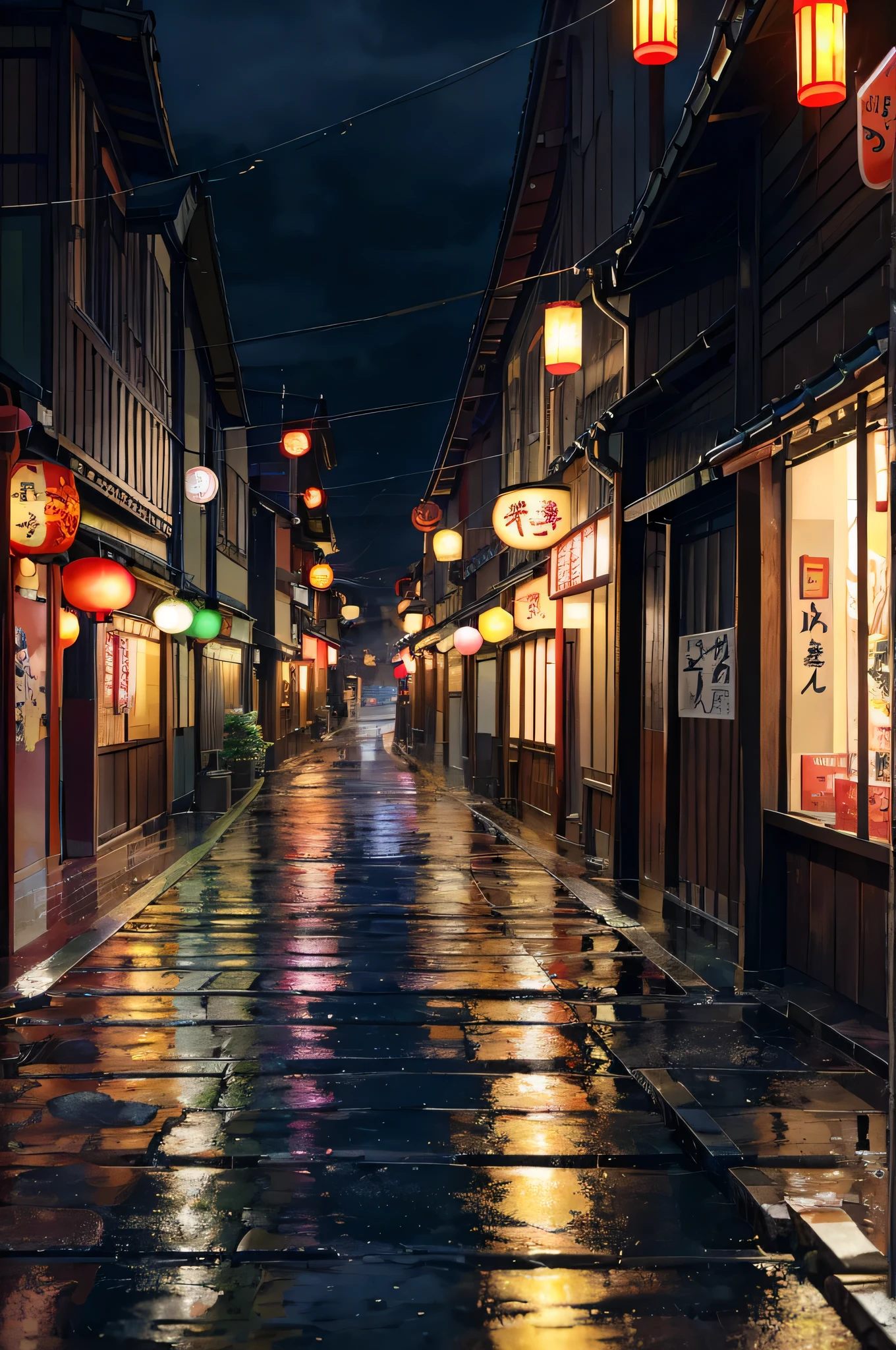 In the enchanting world of anime, aSmall Ramen Shop nestled in the heart of a bustling district, reminiscent of Spirited Away's town. The Salted Plum, as it was called, was bathed in the dreamy, colorful glow of neon lights. The evening scene was a harmonious blend of red, orange, green, and yellow lights reflecting off the wet, glossy pavement and puddles gathered on the cobblestones. japan city , traditional houses , night time , glowning lights.
The rain fell steadily overhead, and the sound of it hitting the tarpaulins hung above the shops echoed throughout the peaceful night. The scene outside was captured in stunning high definition, each detail