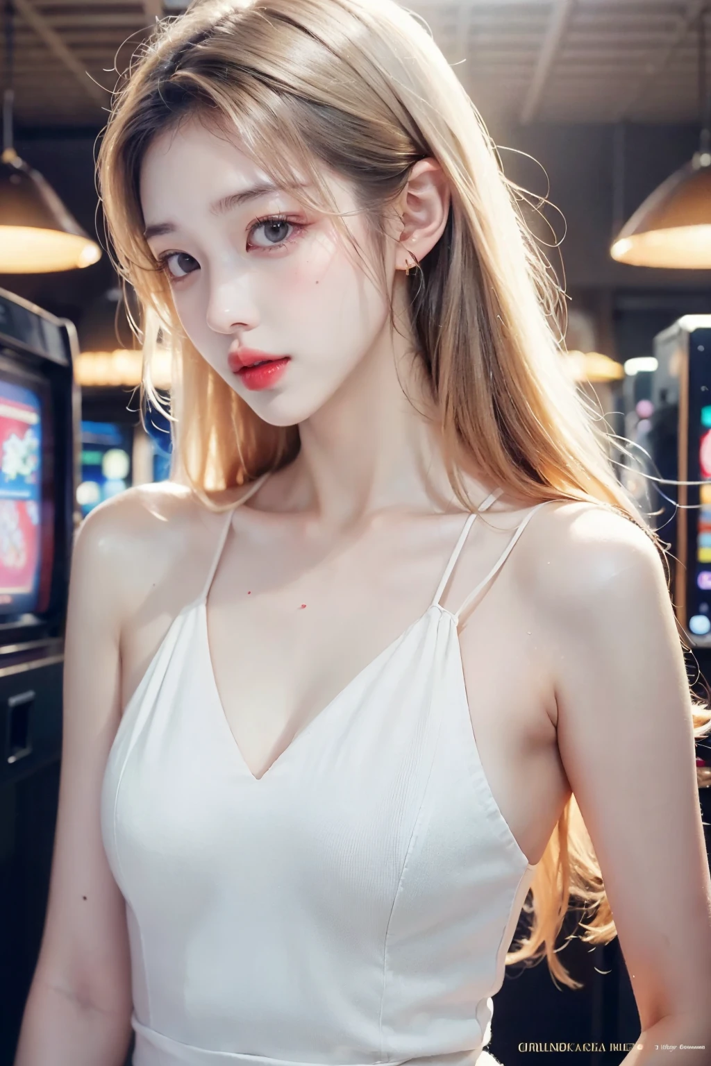 1 woman, SFW,  Beautiful woman with blonde hair in the arcade, (whole body:1.7), AS-Adult, detailed skin, ultra realistic 8k cg, Perfect face like a picture, Perfect, Clean, masterpiece, professional illustration, famous work of art, movie lights, Cinematic flowers,  best quality, masterpiece, illustration, (realistic, photo-realistic:1.37), amazing, in detail, incredibly absurd, huge file size, very detailed, mackerel, very detailed CG Unity 8k 벽지, ray tracing. The background of the image is blurry., depth of field and extremely photorealistic quality., (Milky skin, glowing skin:1.5),Oriental skin color,Korean Beautiful Girl,kpop beautiful girl famous idol star,Korean beautiful girl dancer,Cheerful personality,