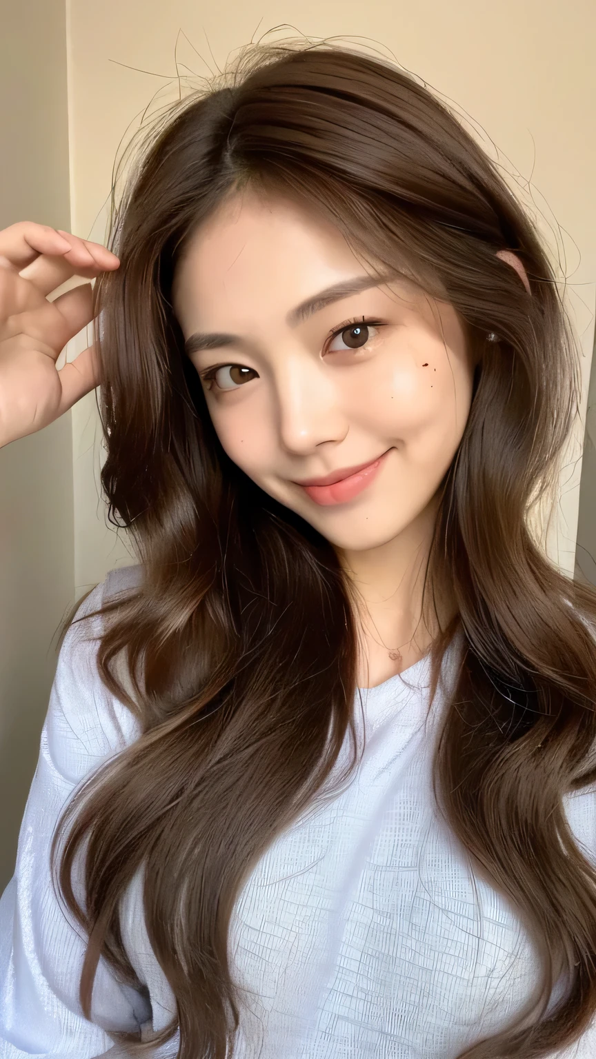 ((highest quality, 8k, masterpiece: 1.3)), 1 female, Japanese Idols,Sensual beauty: 1.3, (Hair style Brown hair Medium wave, big: 1.2), Loose nightwear: 1.1, Super slender face, Delicate eyes, double eyelid, Dimples,Mole, Home,relax,smile,Plump body,