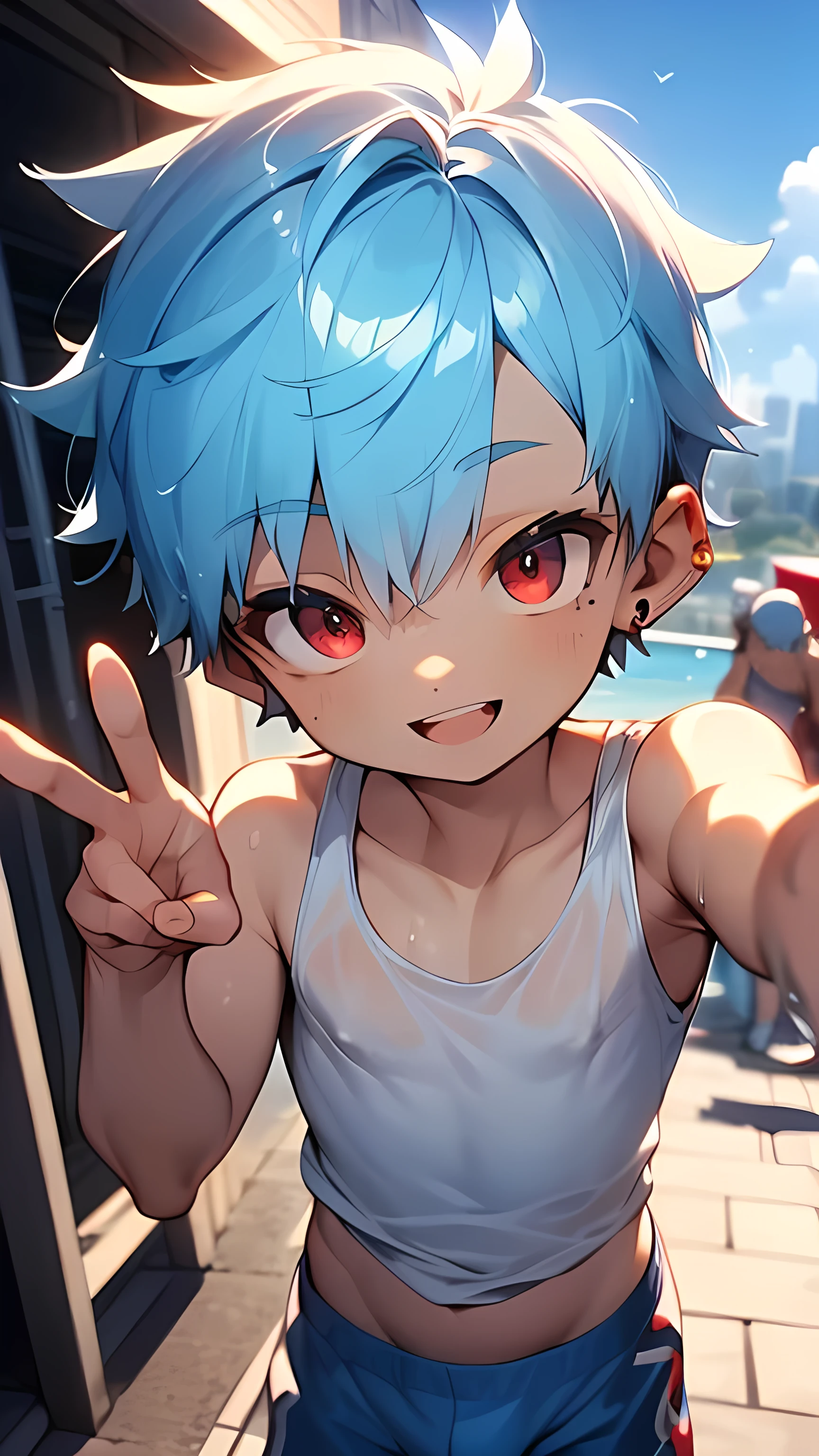 (boldline:-1.8),(((best quality))), (((absurders))), (((((perfect face))))), (((((detailed face))))), (cute face), (((masterpiece))), (insanely detailed)), (((high quality))), ((ultra detailed)), (shota:1.8), (baggy white tank top:1.5), (blue panties:1.3), (bulge:1.5), (peace sign:1.5), ((see through wet clothes)), (skinny:1.3), (spiked hair), BREAK, (light blue hair:1.4), (smiling:1.5), (open mouth), (wine red eyes:1.4), (eyes with high light), ((mole under eyes)), sweaty skin, ((earrings)), (shiny skin:1.3), BREAK, (tip of bridge above city), blue sky, sunlight, ((wind blowing))), (nipple), ((abs)), (groin), from below,