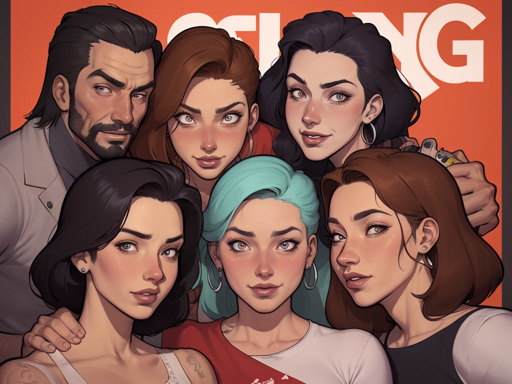 um close up de um desenho animado de um grupo de pessoas, family portrait, by Cesar Andrade Faini, por Olivia De Berardini, caricatura, em estilo cartoon, retrato de alta qualidade, by Camilo Egas, por Samuel Silva, retrato nft, por Rosa Henriques, in digital illustration style, retrato colorido, by Felipe Seade style Cartoon style digital illustration GTA style