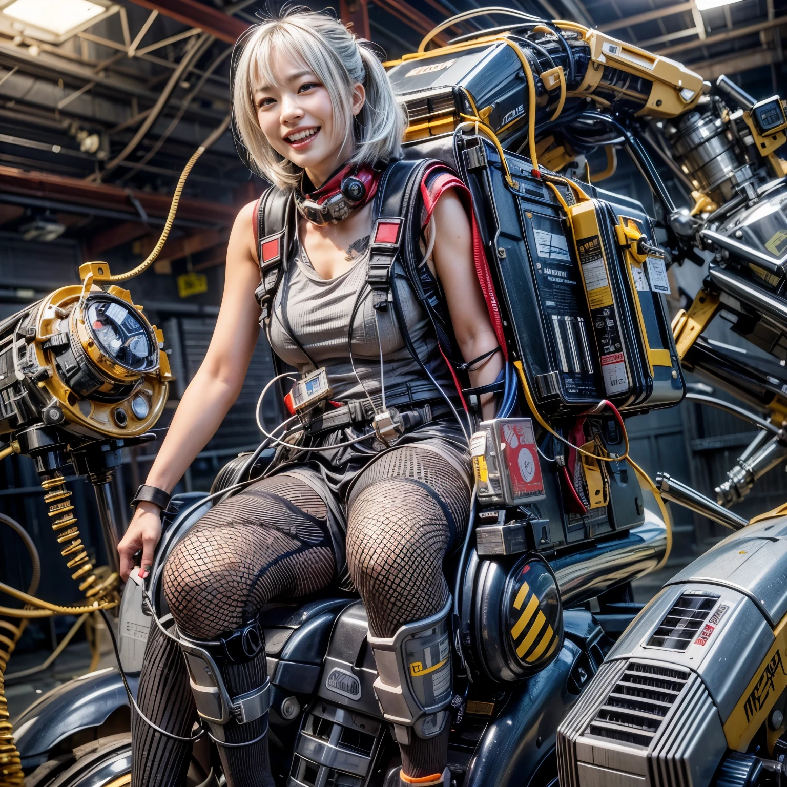 Japanese woman, heavy equipment, Mechanical backpack, very beautiful face, double teeth, fangs, reinforced exoskeleton with insect references, canine teeth, smiling face, silver hair, full body shot, photorealistic, realistic, ultra realistic, ultra detailed, ultimate intricate detail, lighting highlighting machinery, glossy, cave with a suspicious atmosphere