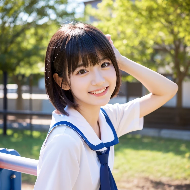 The kids,,Young Face,cutesmile,Detailed big,(highest quality,masterpiece:1.3,Ultra-high resolution),(Very detailed,Caustics,8k),(Realistic:1.4,RAW shooting),1 girl,Look forward,18-year-old,cute,Japanese,(school uniform),(smile),(Looking into the camera),morning,blue sky,sun,Natural light,School Playground,(Front shot),(Full Body Shot),(Backlight),Lens flare: Symmetrical, large, flipped-up hairstyle。Hair is about shoulder length、The bangs are short and blunt。Overall, a lively and energetic impression。
Generate a realistic, live-action-style image of "Makoto Sakura" from "Psychic Mami" (Esper Mami). She has bright red short bob hair, large eyes, and is wearing a light blue with a red ribbon tie. She should be depicted with a bright and friendly smile, standing in a classroom setting