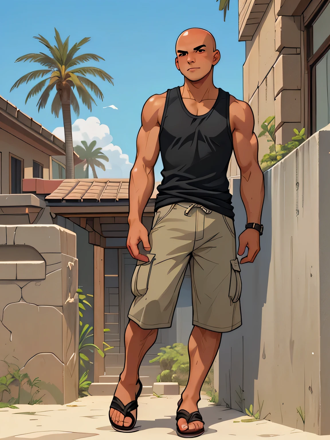 18 year old man, latino man, bald head, wearing black tank top, wearing sandals, rugged features, full body, outside, daytime