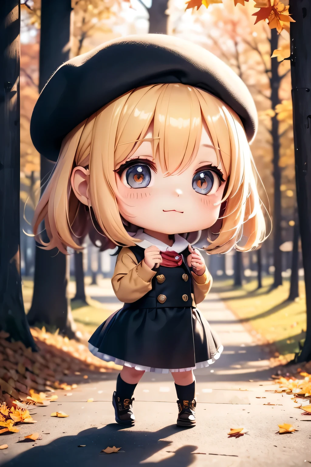 3D rendering, Q printmaking style,chibi,SOLO,A cute girl sticker, A cute girl wearing a beret,Maple forest in autumn，Scattered maple leaves，Soft sunshine，Soft light