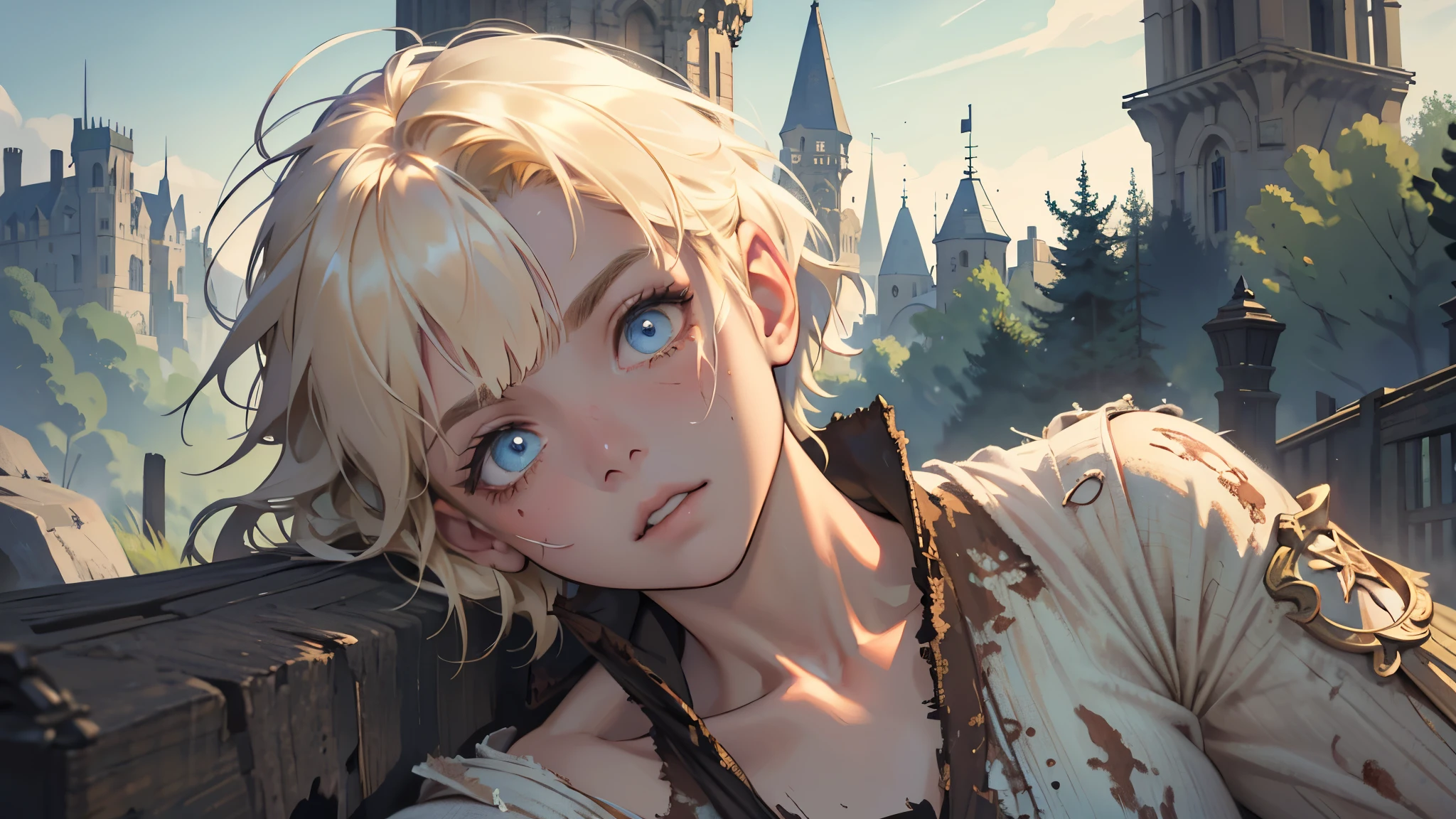 masterpiece, ultra detailed, 8K Portrait, Raw photo, a portrait photo of, Highly detailed face, beautiful and meticulous eyes, ((Fantasy)), 5 year old girl, Light blonde short hair, Kind face, (((dirty and tattered clothes))) Fluttering in the wind, ((bare foots)), Midday Sun, Hyper realistic, in a castle, Ambient lighting, Shadow details , strong breeze, Light fog