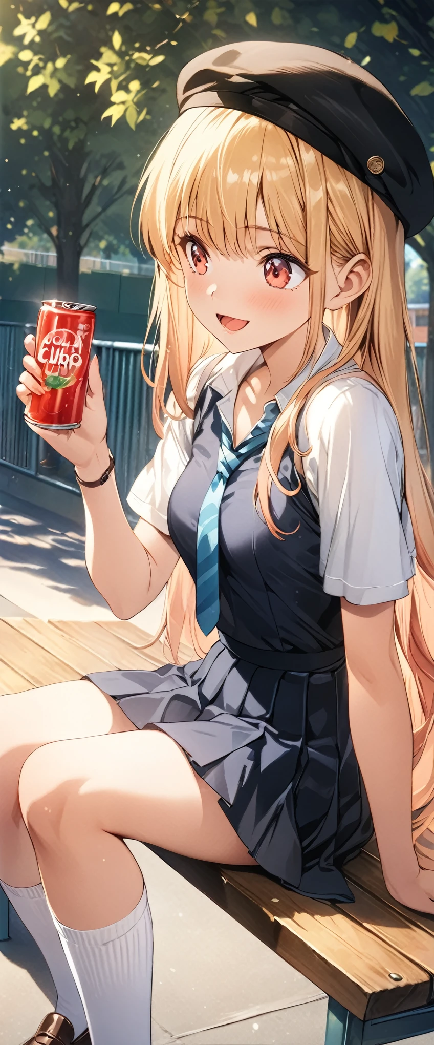 (masterpiece, best_quality), extremely detailed CG unity 8k wallpaper, super fine illustration, (anime_style), Woman posing for a photo, A shy smile, Small open mouth, Long Hair, Straight hair, Fine skin, Beautiful Hands, Beautiful fingers, Wearing a beret, tie, Small breasts, Short sleeve blouse, Pleated skirt, Thighs, Absolute area, Knee socks, loafers, Daytime, Hot summer day, School, Schoolyard, Sitting on a bench, holding Canned juice, Natural light, Detailed face:1.2, Sharp focus, Hasselblad Photos, masterpiece, light makeup, Cinematic lighting, 4k, sharpness, Anime Style, whole body, Canned juice, BREAK looking at another, perfect anatomy, perfect body, (perfect arms), (perfect hands, perfect fingers), perfect legs, perfect feet, perfect toes, 5_fingers, (4_fingers,1_thumbs),