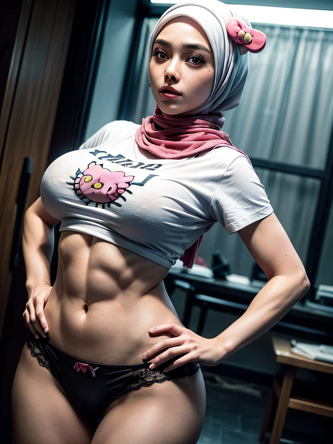 Transparent, ((SHORT HIJAB)), ((Gigantic tits:1)), (dynamic photograph of a 30 yesrs malay woman), (slim top, cotton panties),(cameltoe pov), (straight non curly hair), (highly detailed face:1.4), (vascular muscles and abs:1.3), (background inside light, bright, private gym:1.1), (8k, uhd, dslr, high quality, cinematic lighting, bokeh), (dramatic, award winning photography, incredible masterpiece:1.3), (((sexy sultry stare at camera:0.8))), ((she is ready to dominate you:0.5)), ((beautiful feminine face)), add_detail:1, (((wearing t-shirt hello kitty)))