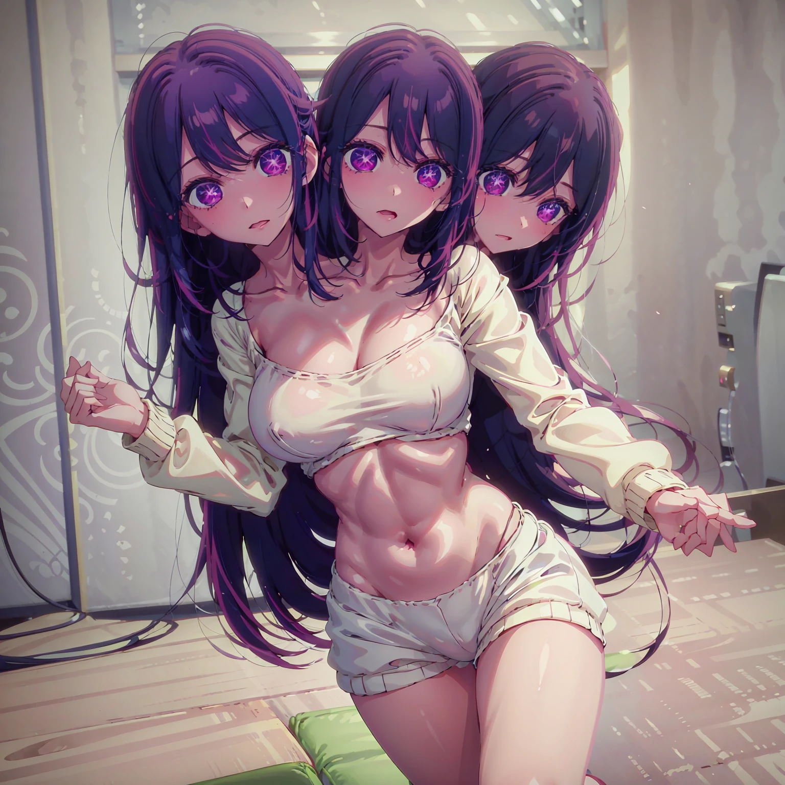 masterpiece,best quality,best resolusion,3heads:2.5,1 girl,conjoined twins,detailed,ai hoshino character,long purple hair,purple star eyes,reddish cheeks,mouth open,wearing a pale white sweater,normal breasts,housing background,beautiful face,beautiful hair,beautiful eyes,beautiful body,beautiful hand,HDR,ultra high res,4K,perfect lighting,colored