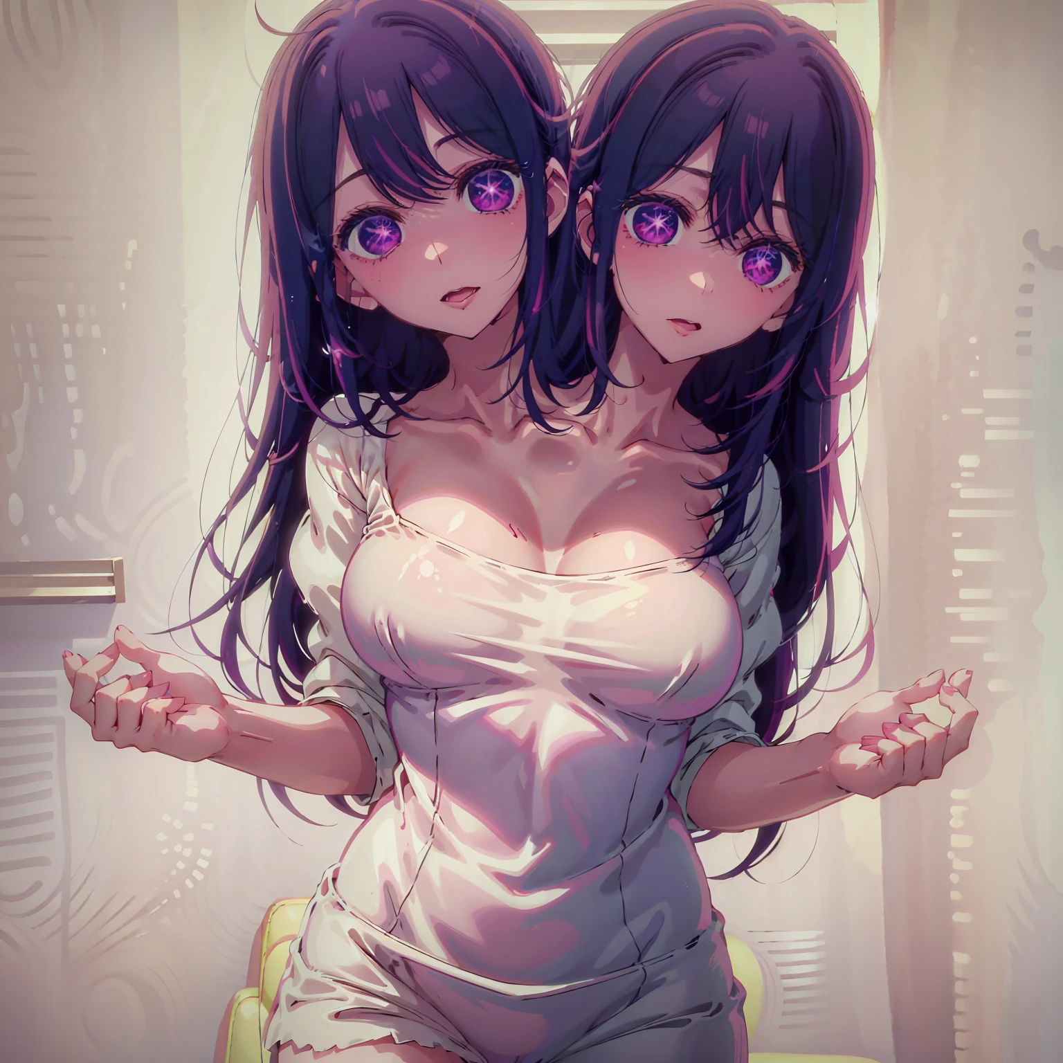 masterpiece,best quality,best resolusion,3heads:2.5,1 girl,conjoined twins,detailed,ai hoshino character,long purple hair,purple star eyes,reddish cheeks,mouth open,wearing a pale white sweater,normal breasts,housing background,beautiful face,beautiful hair,beautiful eyes,beautiful body,beautiful hand,HDR,ultra high res,4K,perfect lighting,colored