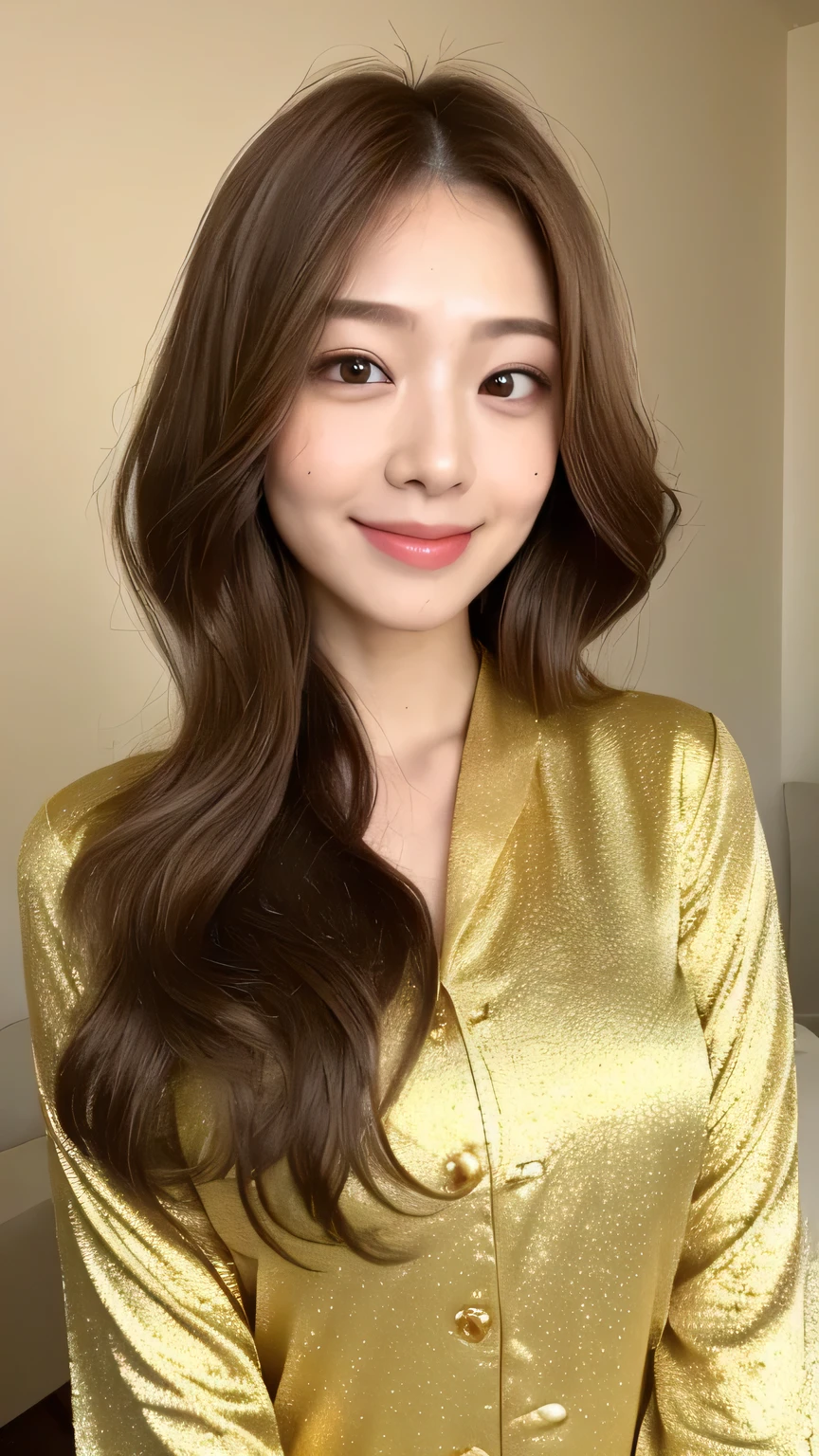 ((highest quality, 8k, masterpiece: 1.3)), 1 female, Japanese Idols,Sensual beauty: 1.3, (Hair style Brown hair Medium wave, big: 1.2), Golden yellow nightwear: 1.1, Super slender face, Delicate eyes, double eyelid, Dimples,Mole, Home,relax,smile,Plump body,