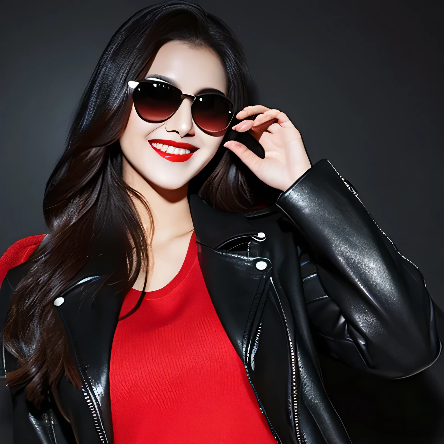 Female, Stylish, Foxy pitch black sunglasses, dark hair, leather jacket, long straight hair, bright red lips, dark background, smiling drink