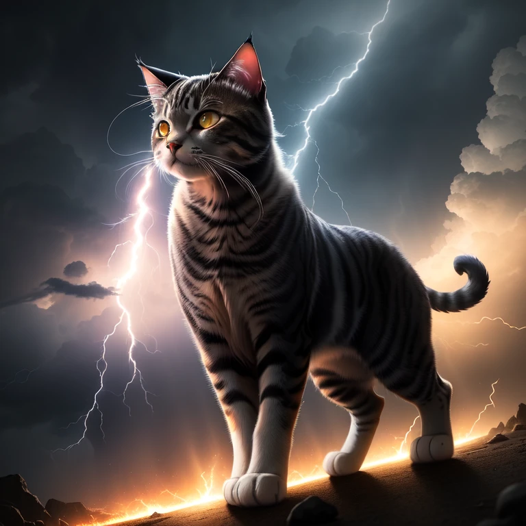 Striking Feline Formed by Electrical Energy

In the heart of a stormy night, a magnificent cat appears, its silhouette forged by a blinding flash of lightning. The Cat Made from Lightning, as it might be named, has a dynamic form, its fur seemingly replaced with powerful bolts of electricity, constantly dancing and crackling. The Cat's eyes gleam with an ethereal, almost supernatural, light, reflecting the chaos of the storm around it. Despite its fiery appearance, there's an undeniable grace in the way the Cat Made from Lightning moves, adding a mesmerizing element to its already awe-inspiring presence.