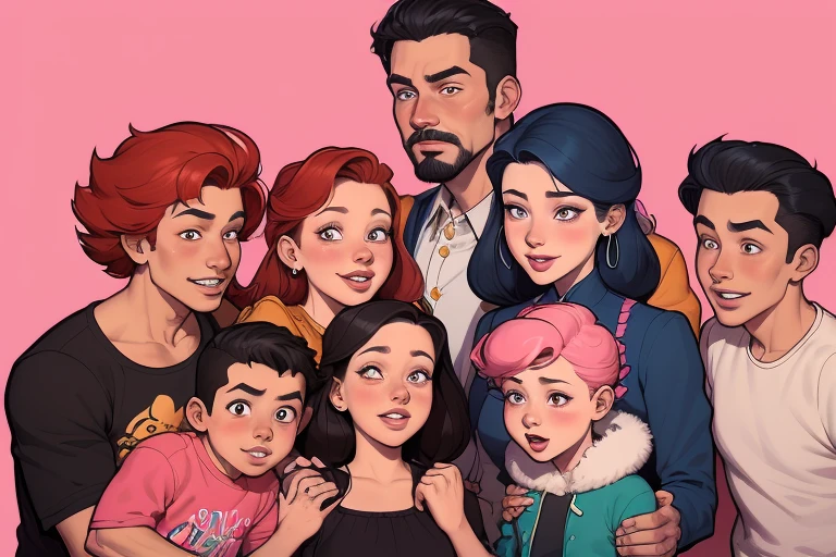 um close up de um desenho animado de um grupo de pessoas, retrato de family, by Cesar Andrade Faini, por Olivia De Berardini, caricatura, em estilo cartoon, retrato de alta qualidade, by Camilo Egas, por Samuel Silva, retrato nft, por Rosa Henriques, in digital illustration style, retrato colorido, by Felipe Seade estilo Cartoon estilo ilustração digital estilo GTARostos brasileiros of a family of five standing together in front of a pink background, family portrait, retrato de uma gangue rosa, rotoscopia, retrato nft, em estilo cartoon, official Admirador de arte, family photo, barong family, caricatura, Admirador de arte, digital illustration, happy family, stylized digital illustration, family, desenhado no estilo de Mark Arian usando a regra de 3 nas medidas rostos brasileiros