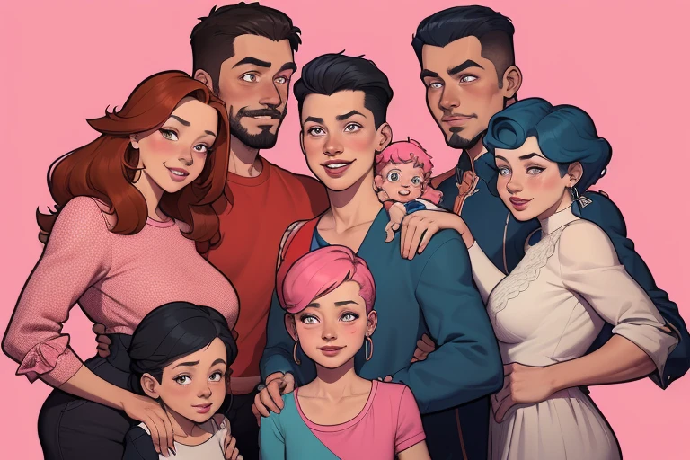 um close up de um desenho animado de um grupo de pessoas, retrato de family, by Cesar Andrade Faini, por Olivia De Berardini, caricatura, em estilo cartoon, retrato de alta qualidade, by Camilo Egas, por Samuel Silva, retrato nft, por Rosa Henriques, in digital illustration style, retrato colorido, by Felipe Seade estilo Cartoon estilo ilustração digital estilo GTARostos brasileiros of a family of five standing together in front of a pink background, family portrait, retrato de uma gangue rosa, rotoscopia, retrato nft, em estilo cartoon, official Admirador de arte, family photo, barong family, caricatura, Admirador de arte, digital illustration, happy family, stylized digital illustration, family, desenhado no estilo de Mark Arian usando a regra de 3 nas medidas rostos brasileiros