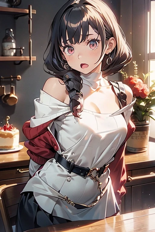 masterpiece, yor, 1girl, Bust A Cup, Amazing Cleavage:1.0, thin waist, big ass, Raised sexy, small breast: 1.2 posed cleavage:1.2、solo, looking at viewer, open mouth, have a cute grass of cute beergrass,black hair, red eyes, dress, bare shoulders, jewelry, collarbone, sidelocks, hairband, earrings, indoors, off shoulder, :o, sweater, arms behind back, plant, short hair with long locks, white hairband, off-shoulder dress, sweater dress, off-shoulder sweater, red sweater, big side hair, very long side hair,is rendered in (masterpiece: 1.2, best quality), with (ultra high resolution) and an exquisite (depth of field). This masterpiece is not only visually stunning but also tells,A scene of cooking in the kitchen